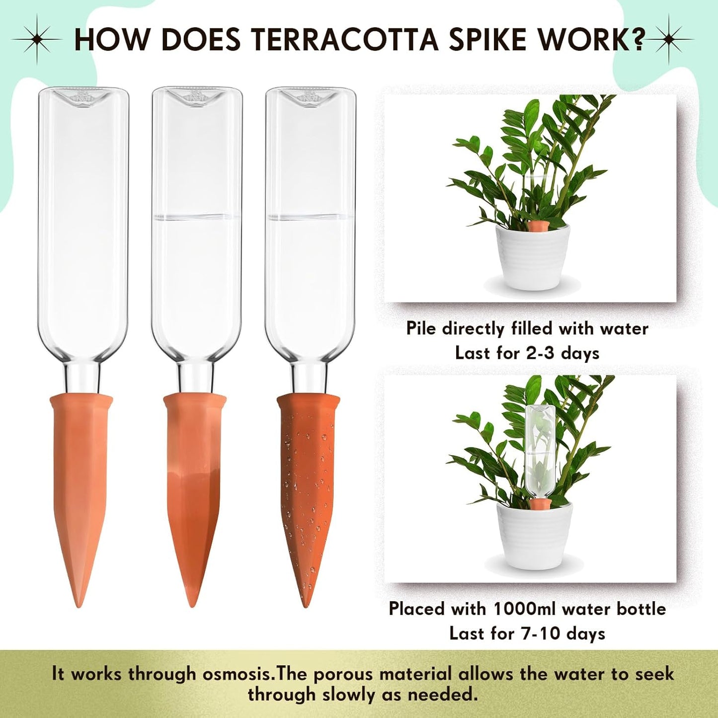 Dandat 8 Pcs 34oz Plant Watering Devices Include Terracotta Self Watering Spikes with 1000ml Plastic Bottles Slow Release Vacation Insert Automatic Plant Waterer Self Water Planter for Garden