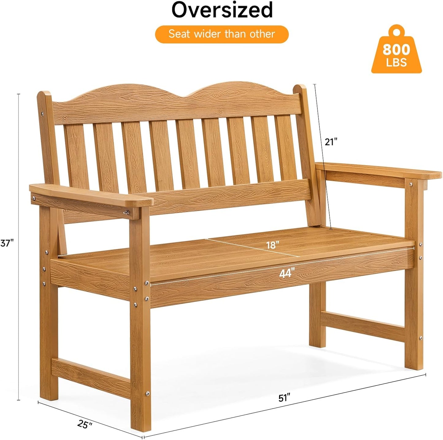 Outdoor Bench, 2-Person Poly Lumber Garden Bench with 800 lbs Weight Capacity, All-Weather Patio Bench with Armrests and Backrest for Garden, Porch, Backyard and Park, Teak