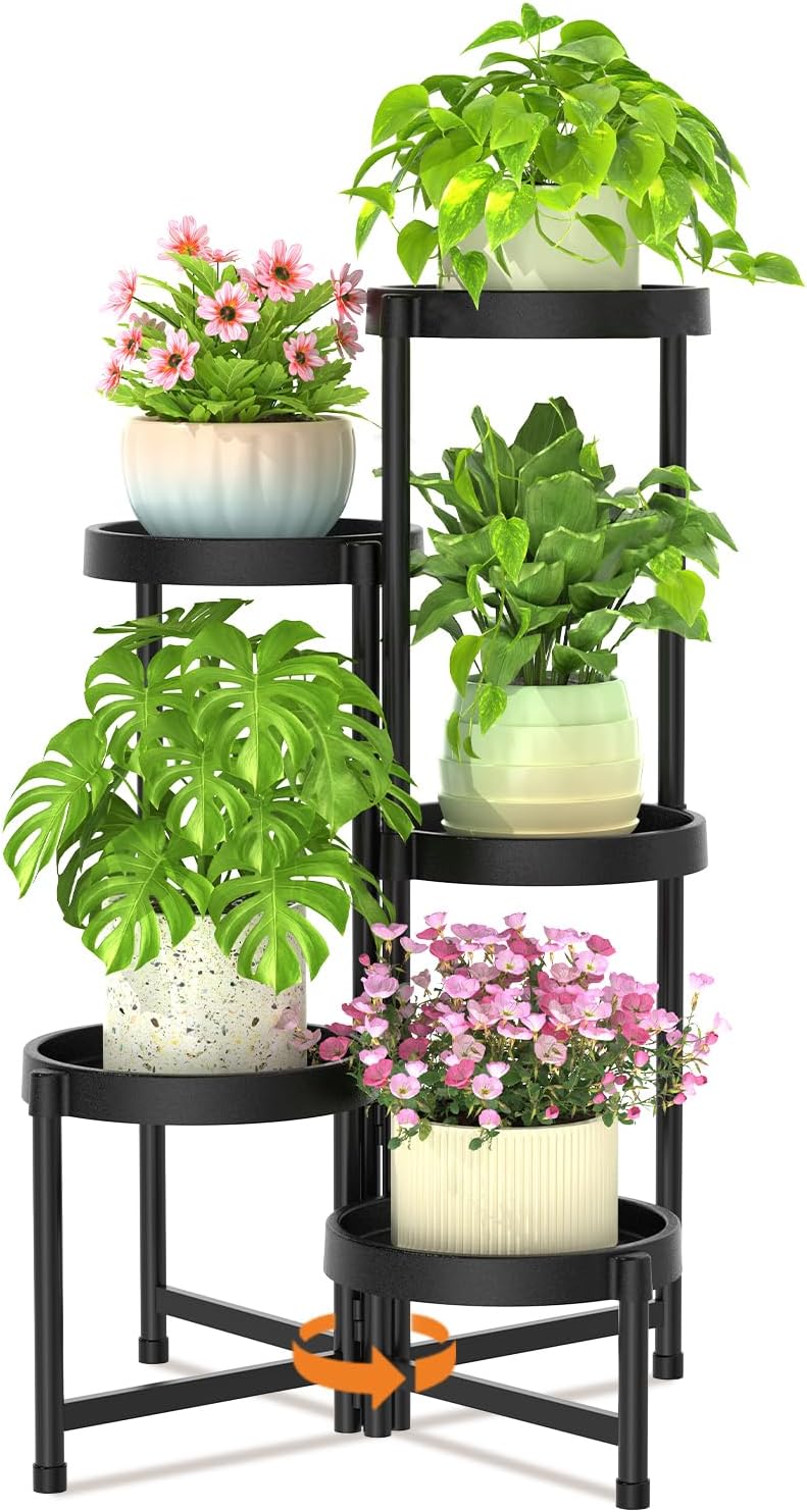 LASZOLA 5 Tiered Folding Plant Stand Indoor for Multiple Large Planter, Tall Heavy Duty Adjustable Rack with Rust Proof Plastic Shelving, Sturdy Vertical Tree Organizer for Narrow Inside Floor, Black