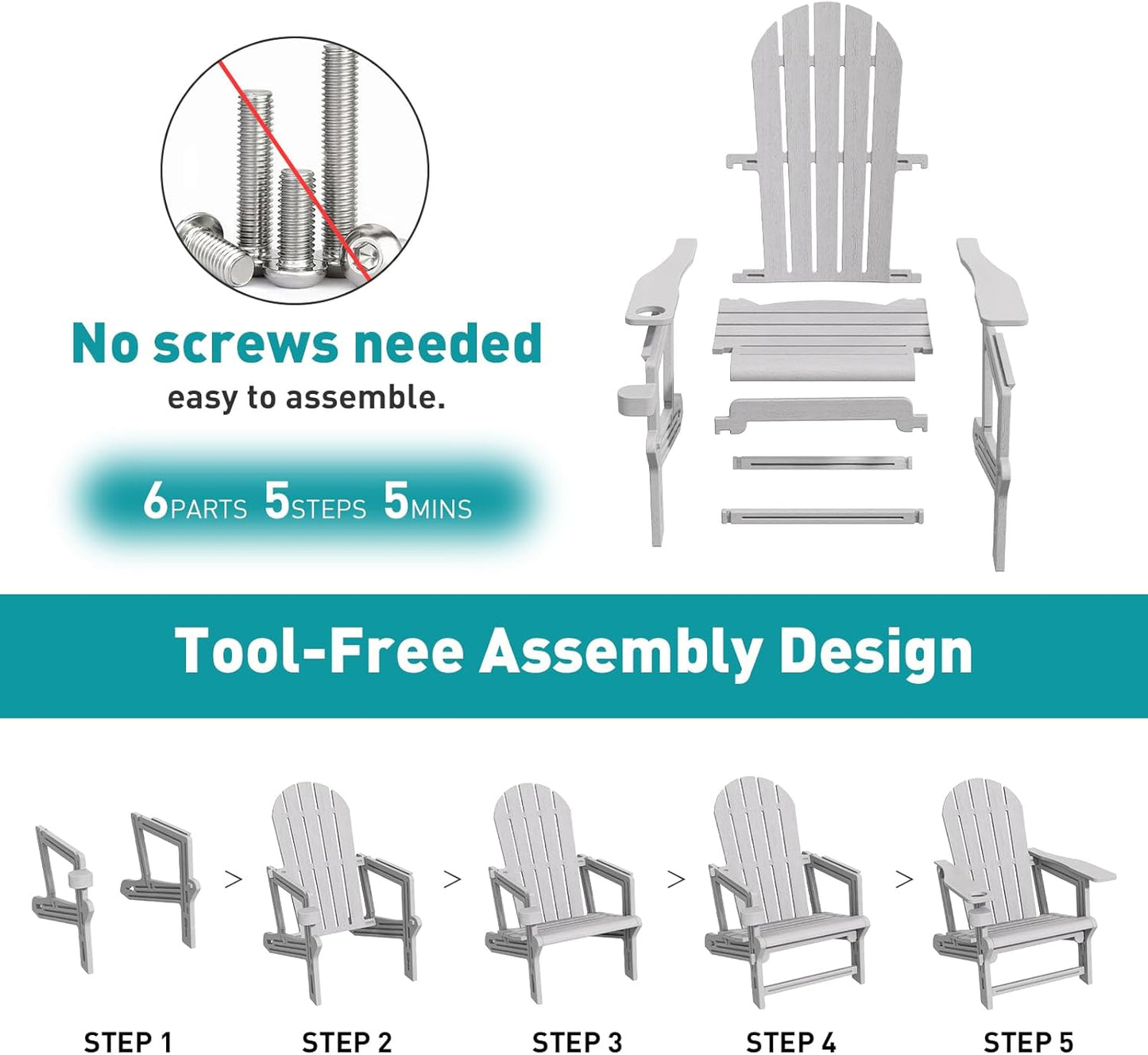 Adirondack Chair, Tool-Free Assembly All-Weather Adirondack Chairs, HDPE Fire Pit Chairs with Cup Holder, Outdoor Chair for Patio Garden (Grey)