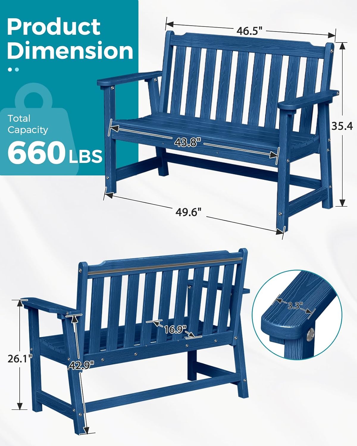 Outdoor Bench, 2-Person HDPE Garden Bench, All Weather Poly Patio Bench for Outdoors, Garden, Backyard, Porch and Park, 660 lbs Weight Capacity, Navy Blue