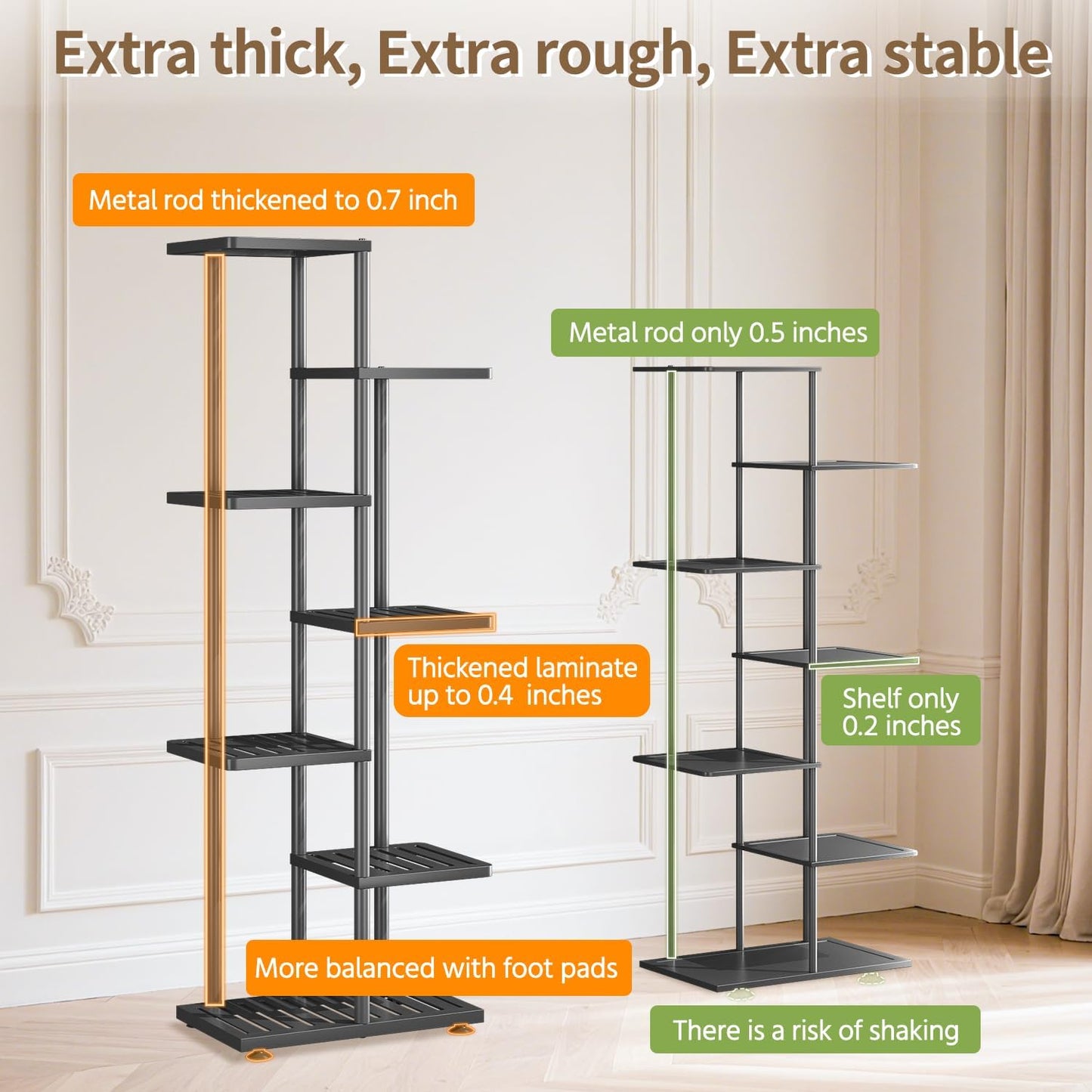 LASZOLA 6 Tier Plant Stand Indoors Outdoors with Light for Large Heavy Duty Planter, Black Metal Tall Flower Holder Rack for Modern House Corner, Vertical Iron Organizer with Multiple Rustic Shelf