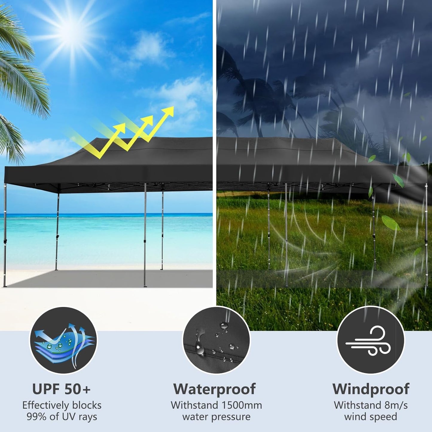 COBIZI 10x30 Pop up Canopy Heavy Duty Without Sidewalls, Easy Set-up Commercial Outdoor Party, 100% Waterproof Wedding Canopy Gazebo, 3 Height Adjustable with Wheeled Bag, Black