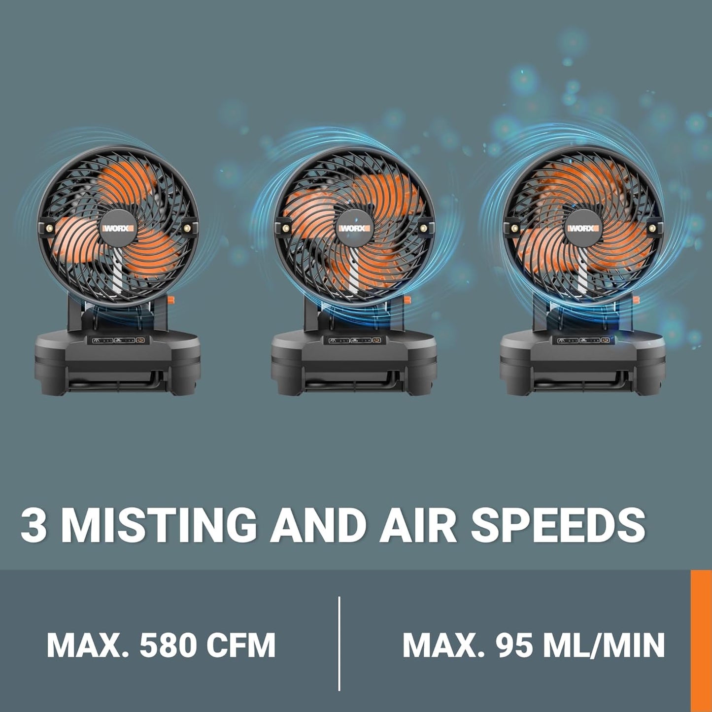 WORX 20V Cordless Misting Fan w/ 3 Speed & 3 Mist Settings, Bucket Top Portable Fan Max 15Ft Misting Distance, Lightweight Quiet Battery Operated Fan w/Long Runtime Power Share WX097L.9 – Tool Only