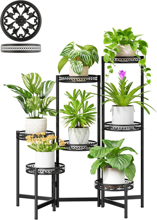 7 Tier Large Metal Plant Stand Indoor Outdoor with 7.9 Inch Wide Tray, Tiered Corner Plant Stand, Flower Display Holder Shelf, Folding Tall Rack for Patio Porch Balcony Living Room Garden - BlackWave
