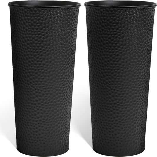 KOL 28" H. Tall Metal Cone Planters with Inside Pots 2-Pack, Black Hand-Hammered Large Decor Planter for Deck, Patio, Porch - Handcrafted Flower Pot - with Water Level Indicator - Indoor Outdoor Use