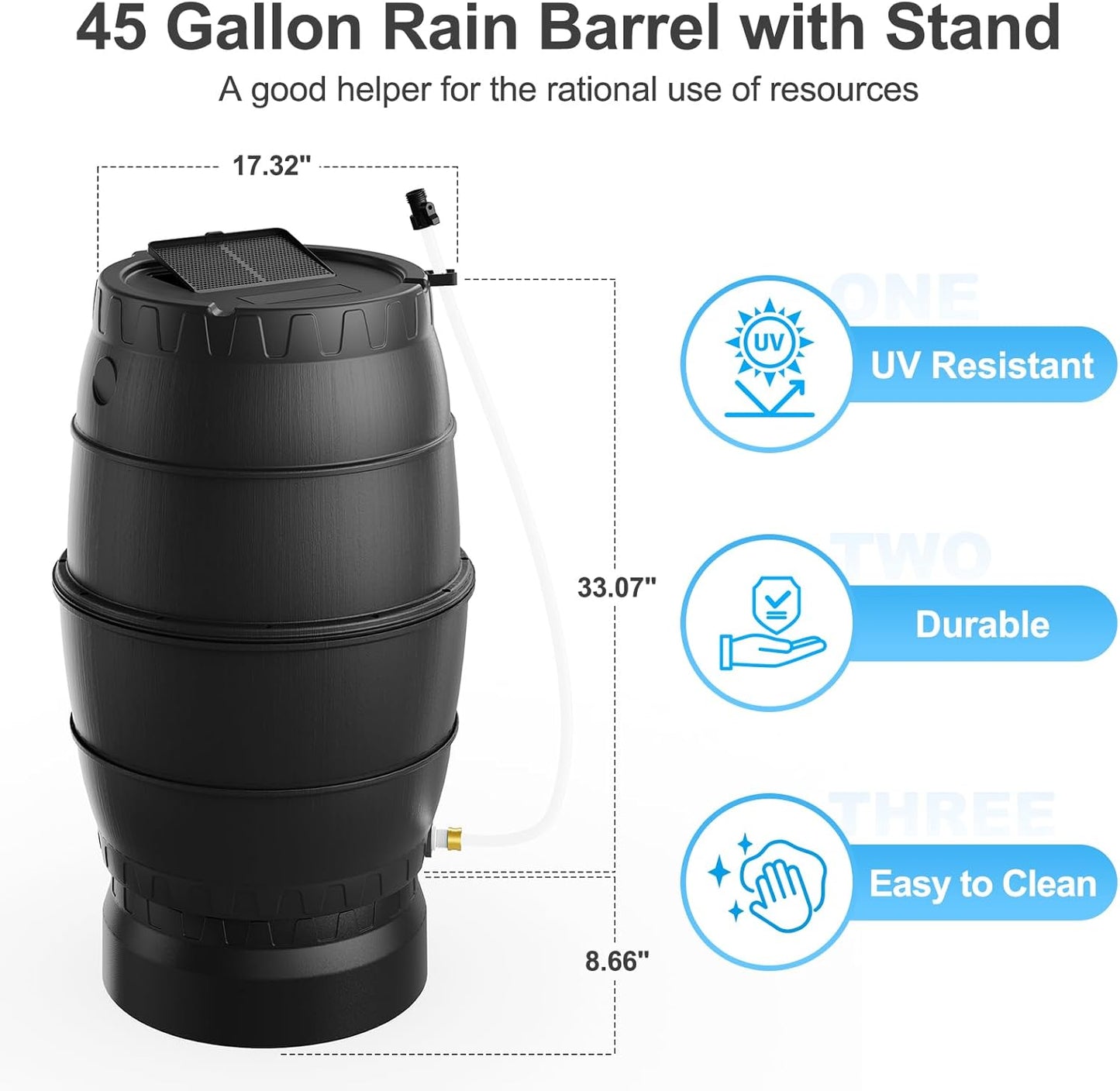 EJWOX Rain Barrel with Stand to Collect Rainwater from Gutter, Heavy Duty BPA Free Rain Water Collection Barrel with Spigot and Filter (45 Gallon, Black)