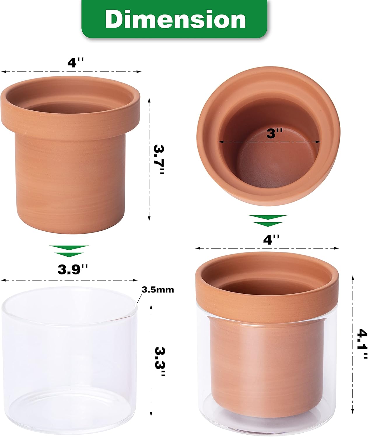 Phoenix Vine 4 Inch Self Watering Planter Pot, Terracotta Clay Pot with Glass Reservoir for Indoor Plants, Herbs, Flowers, Set of 4, 52-A-E-4