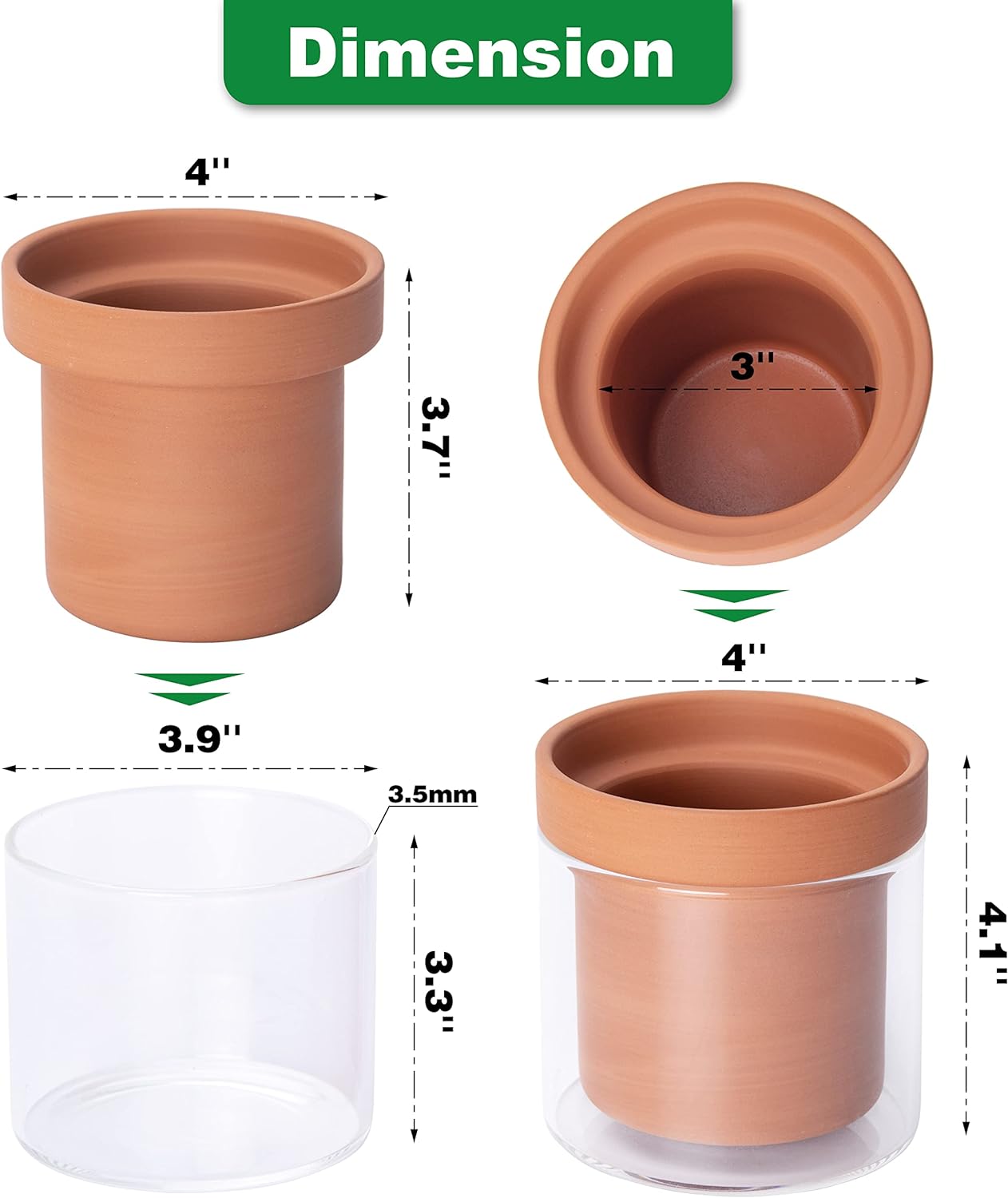 Phoenix Vine 4 Inch Self Watering Planter Pot, Terracotta Clay Pot with Glass Reservoir for Indoor Plants, Herbs, Flowers, Set of 1, 52-A-E-1