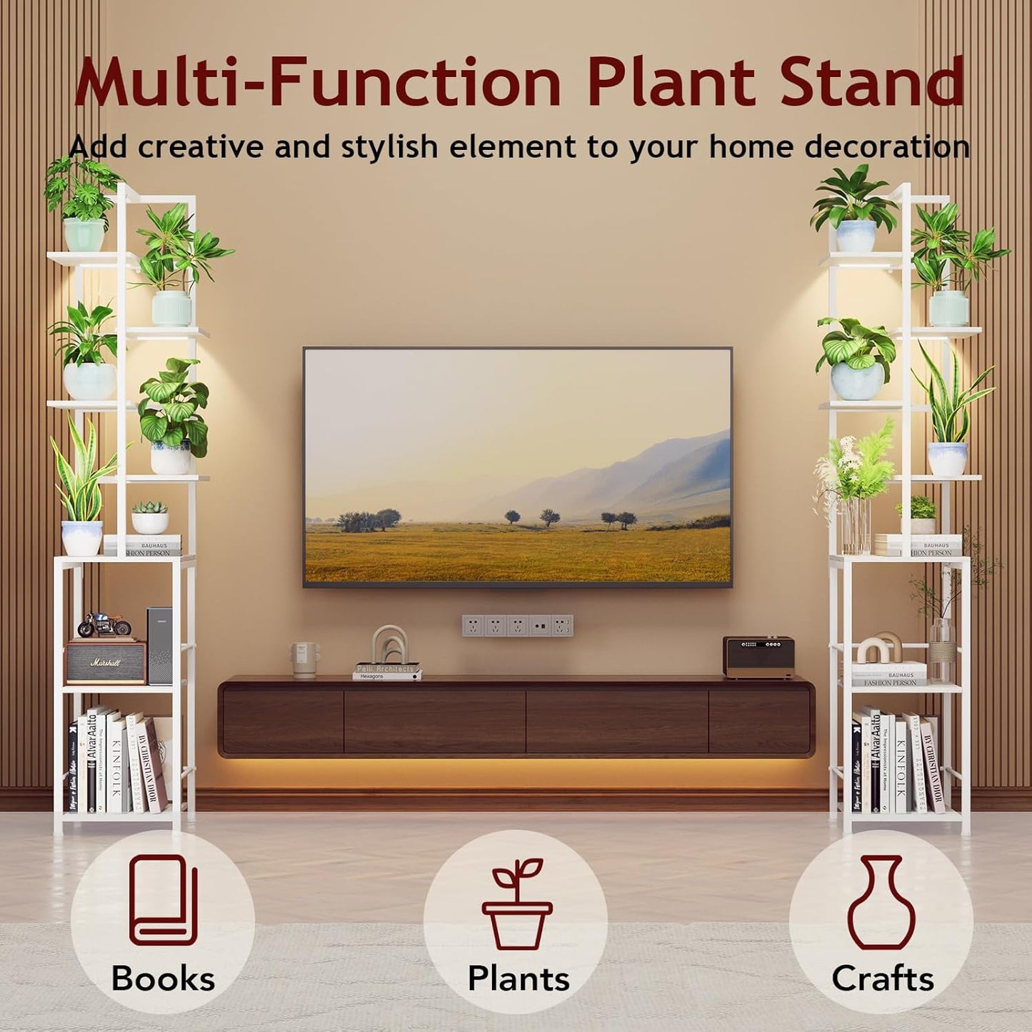 Plant Stand Indoor with Grow Light, 7-Tiered Tall Plant Stand Indoor, Metal Plant Shelf with Bookshelf Bookcase and Adjustable Light, Ideal for Living Room, Reading room, Garden, Patio (white)