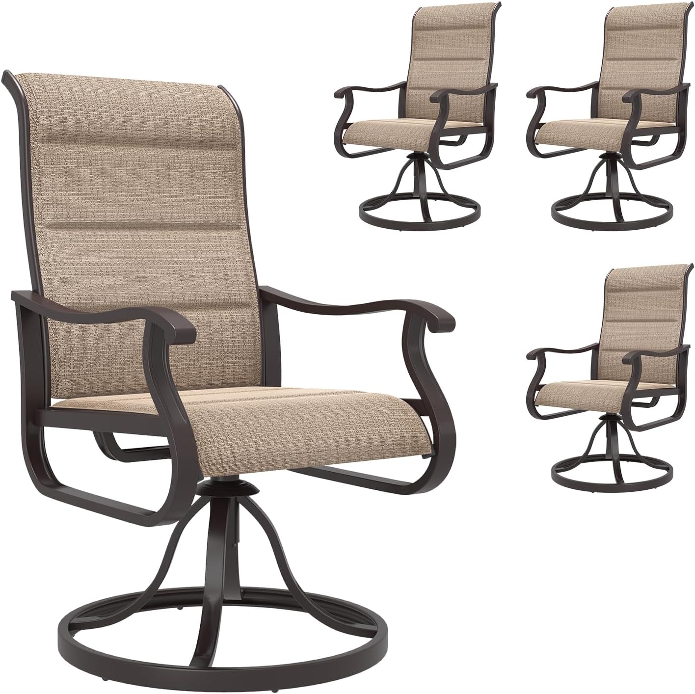 Amopatio Padded Patio Swivel Chairs Set of 4, Outdoor Dining Chairs with Ultra Soft Textilene High Back Seat & Metal Rocker Frame, for Backyard Deck Lawn Garden, Brown