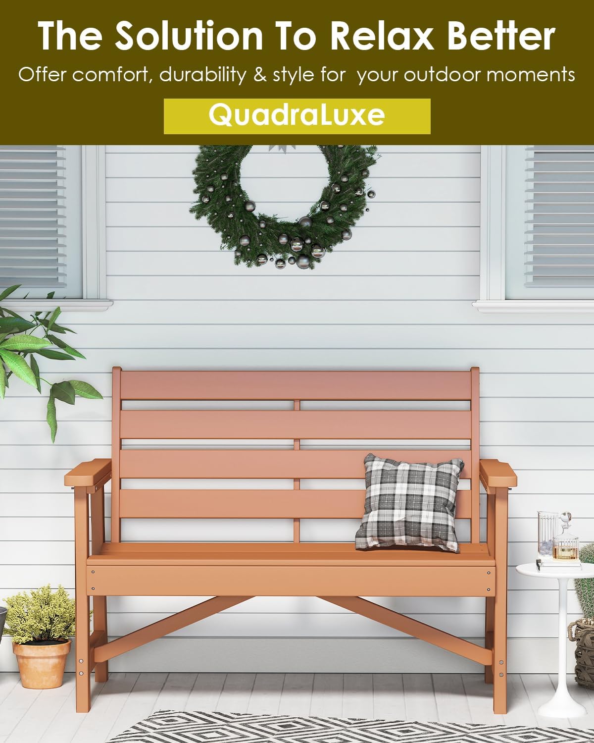 GREENVINES Outdoor Bench | 51.5’’ | HDPE | Garden Benches | Weatherproof | for Outdoors Patio Park Porch Outside Backyard | 2-Person | Teak