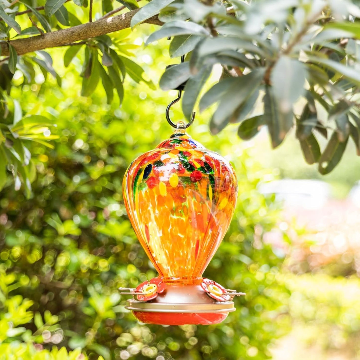 Muse Garden Hummingbird Feeders for Outdoors Hanging, Blown Glass Hummingbird Feeder Gifts for Mom, Garden Decor for Outside, Unique Gifts Idea for Women, 34OZ, Orange Fireworks