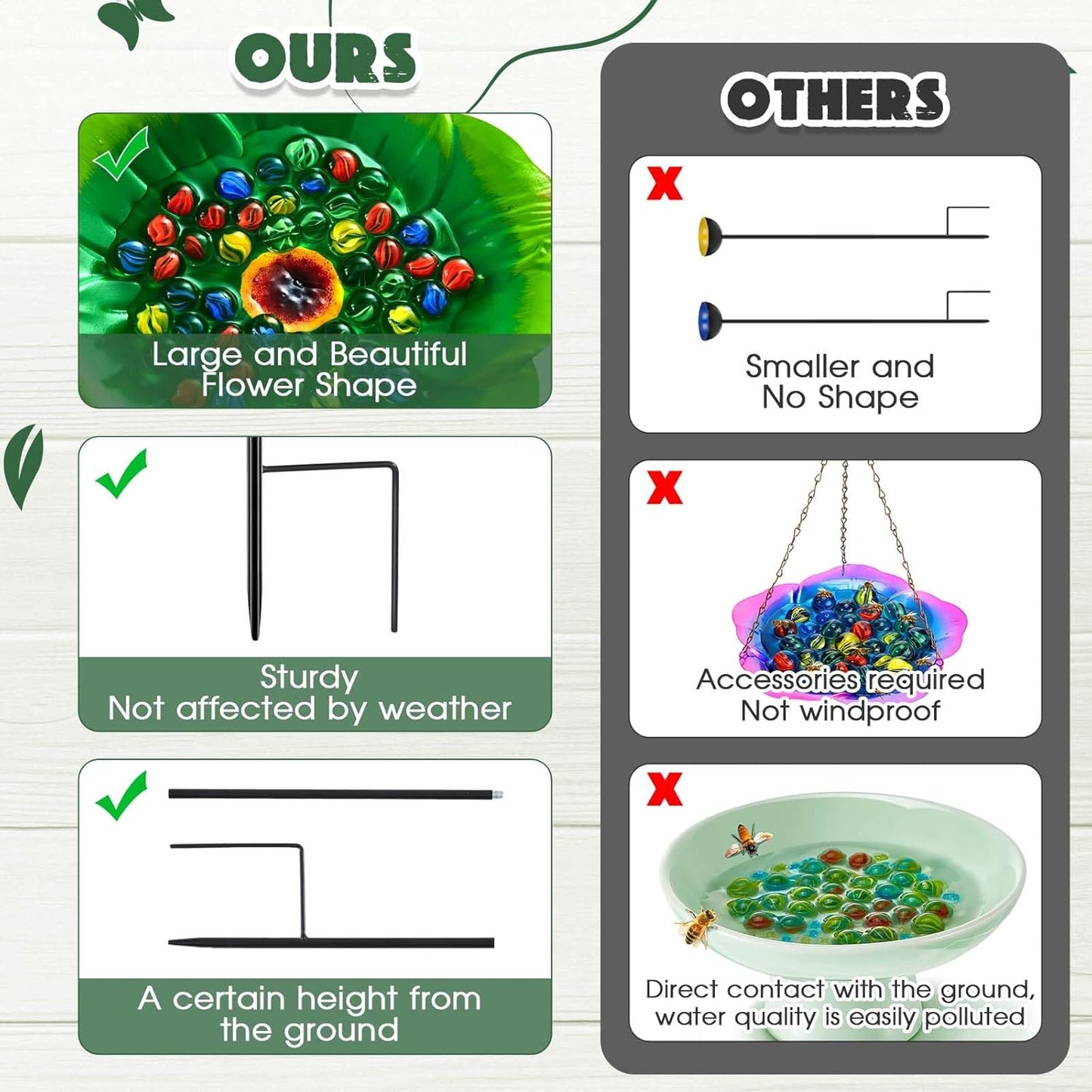 Tandefio Vivid Flower Bee Watering Station Metal Butterfly Water Feeder with 30 Colorful Glass Marbles Bee Feeder Butterfly Bath Bowl for Garden Outdoor Yard Decors(Green,Flower)
