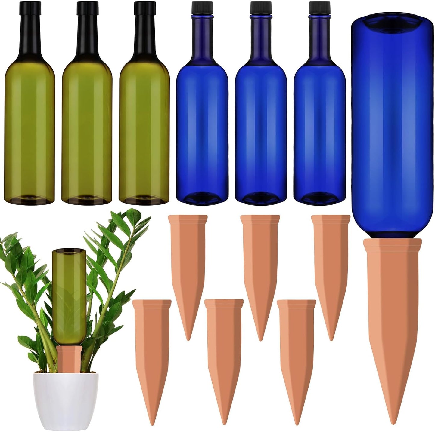 6 Sets Plant Watering Devices Include Terracotta Self Watering Spikes and 26 oz Plastic Bottles, Slow Release Vacation Insert Automatic Plant Waterer Device (Blue Green and Terracotta)