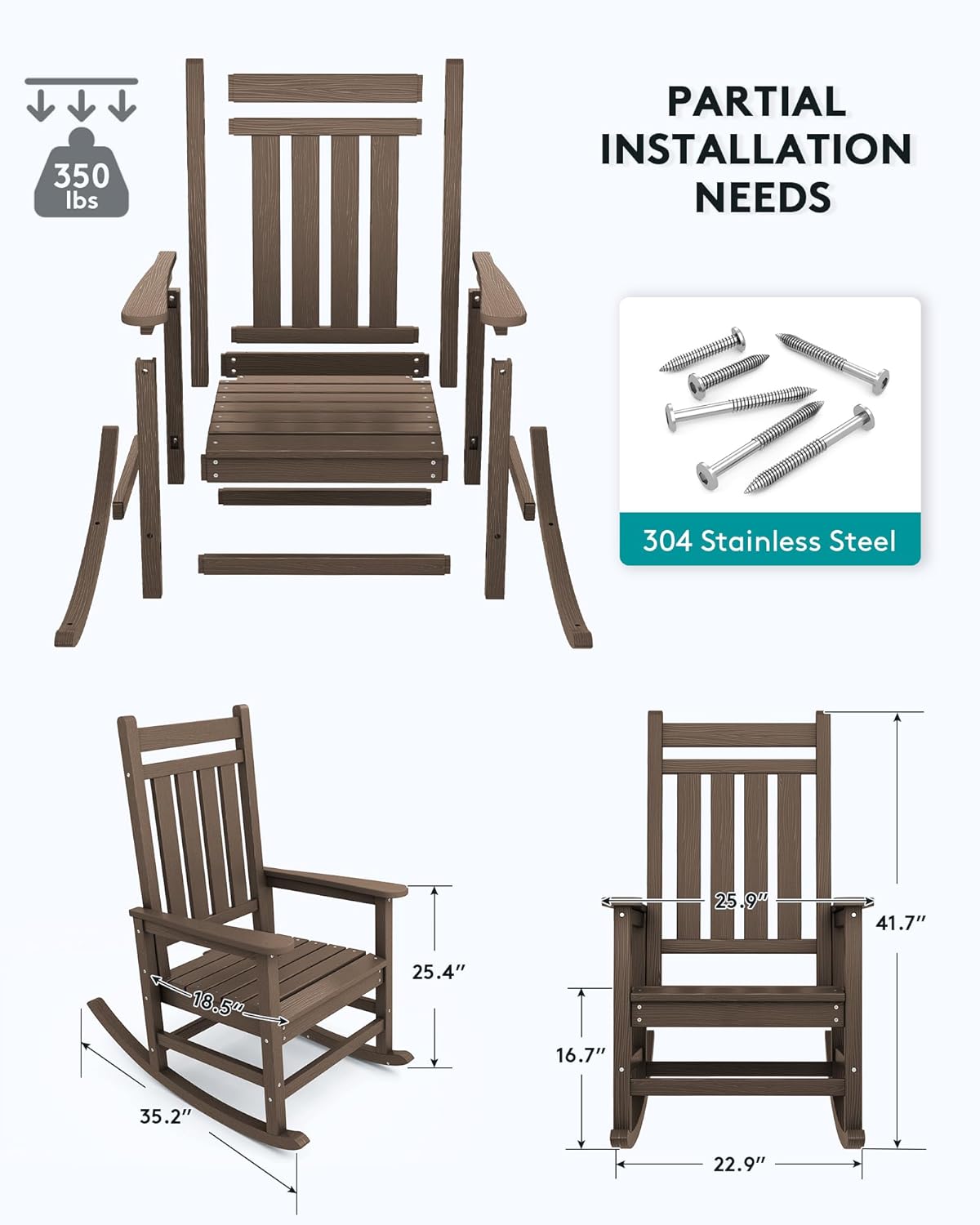 SERWALL Outdoor Rocking Chair Set of 2, HDPE Rocking Chairs for Adult, All Weather Porch Rockers for Lawn Garden, Coffee