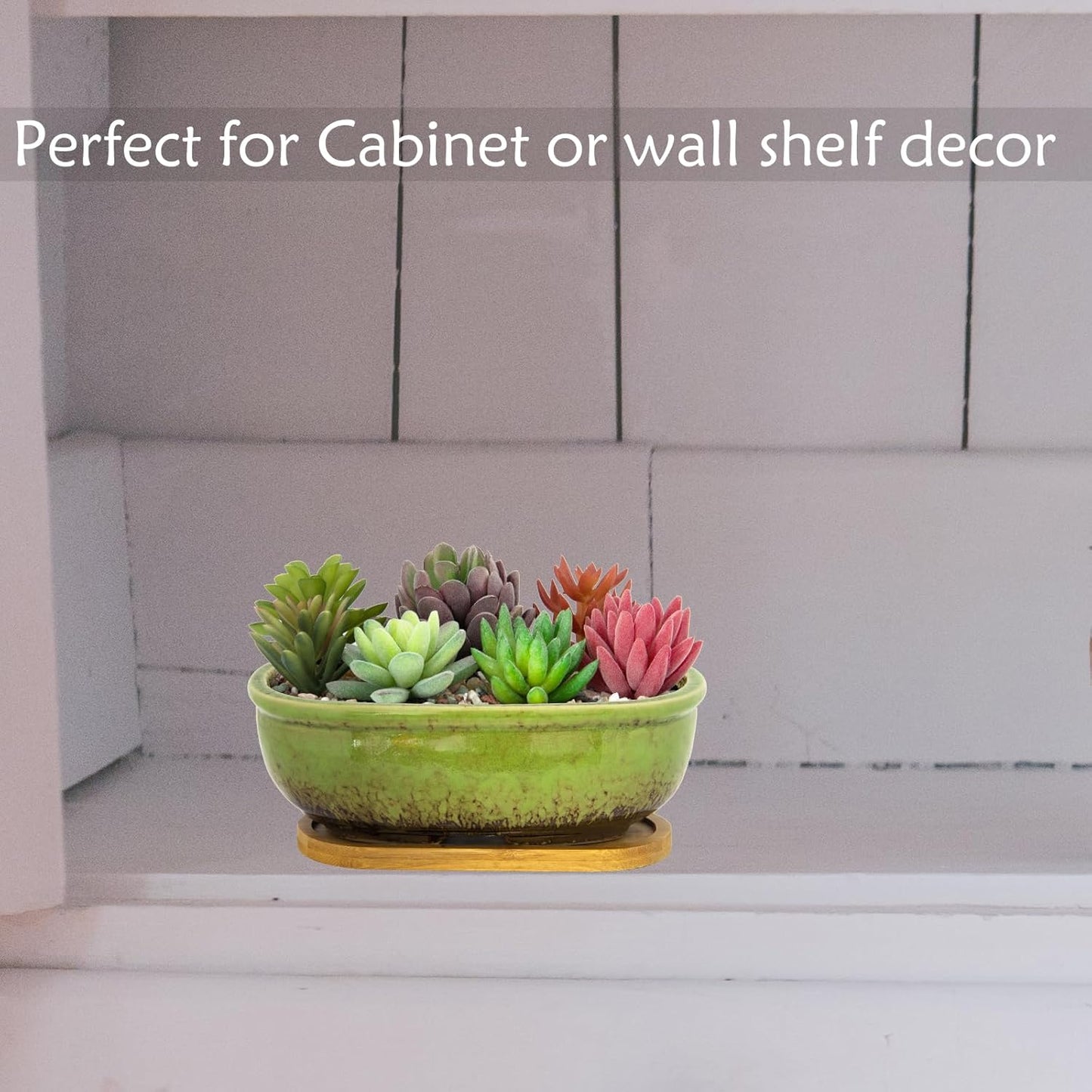 ARTKETTY Succulent Pots, 1 Rectangle Planter + 1 Ceramic Bonsai Pot with Drain Tray, 2 Pack Large Shallow Succulent Planters for Indoor Plants, Round Cactus Flower Plant Pot for Desk Windowsill Decor