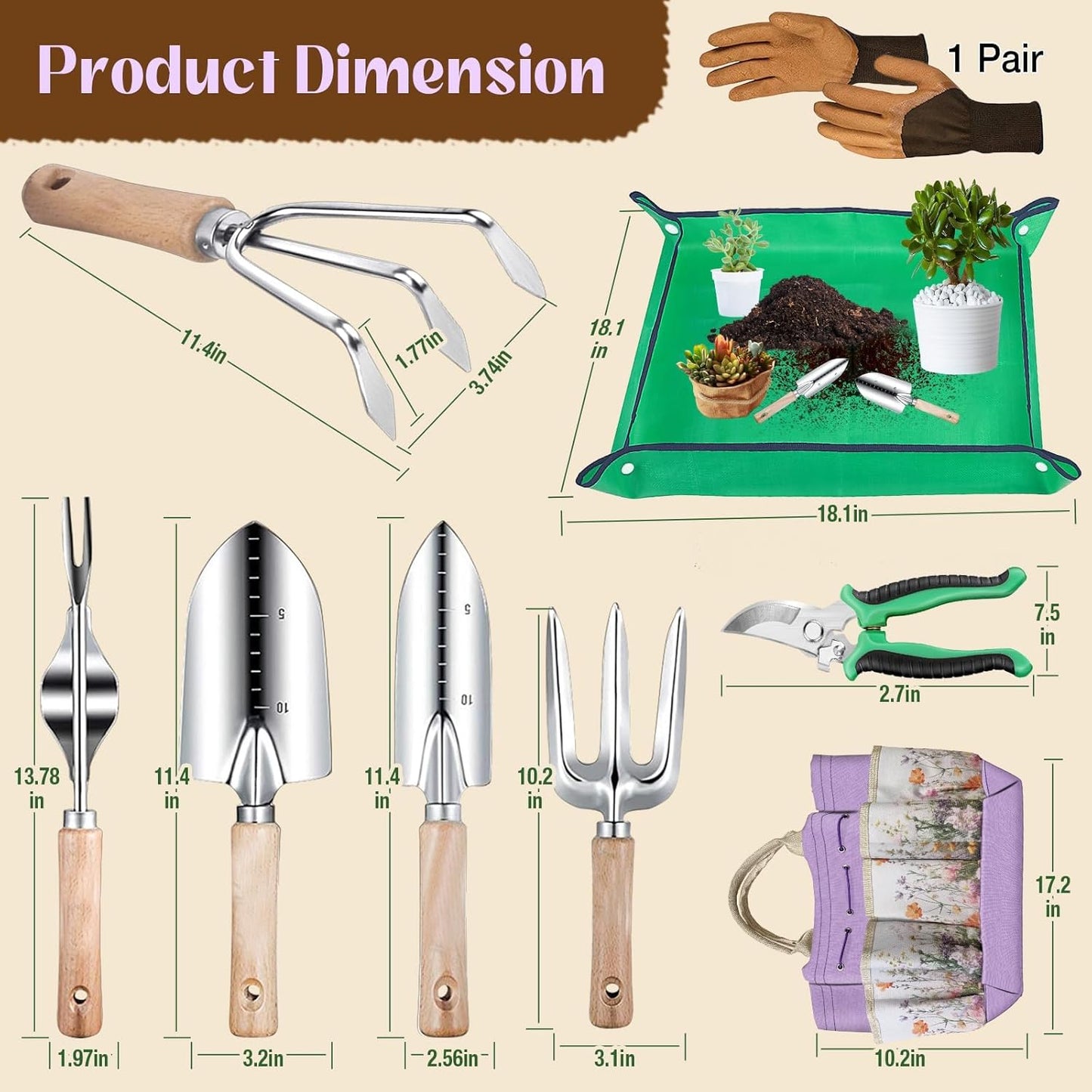 Gardening Tools Set 9-Piece Heavy-Duty Gardening Gifts for Women Mom Wife Gardening Hand Tools with Purple Floral Tote Bag and Repotting Mat, halilus Stainless Steel Garden Supplies Kit