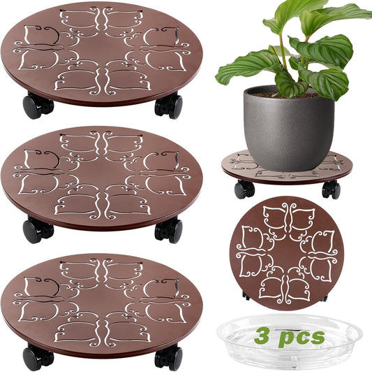 3 Packs 12 inches Large Metal Plant Caddy with Wheels Round Planter Dolly Pot Mover Rollers Wrought Iron Rolling Plant Stands Indoor Outdoor Wheeled Plant Holder Coaster Trolley, Butterfly, Brown