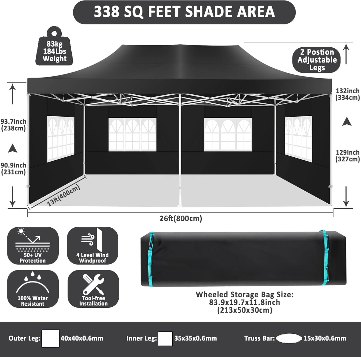 COBIZI 13x26 Pop Up Canopy with 6 Sidewall,Heavy Duty UPF 50+ All Season Wind Waterproof Commercial Outdoor Wedding Party Tents for Parties Canopy Gazebo with Roller Bag(13 x 26 ft Black)