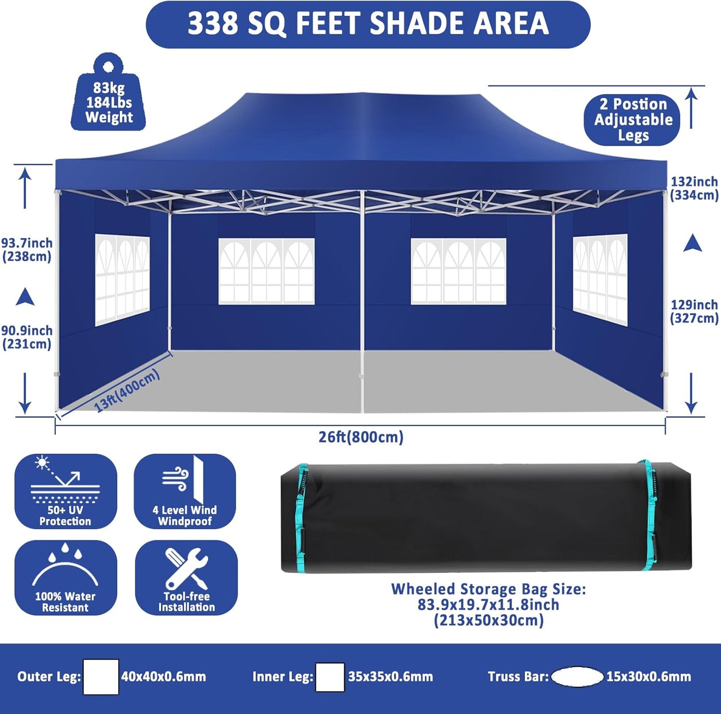 COBIZI 13x26 Pop Up Canopy with 6 Sidewall,Heavy Duty Canopy UPF 50+ All Season Wind Waterproof Commercial Outdoor Wedding Party Tents for Parties Canopy Gazebo with Roller Bag(13 x 26 ft Dark Blue)
