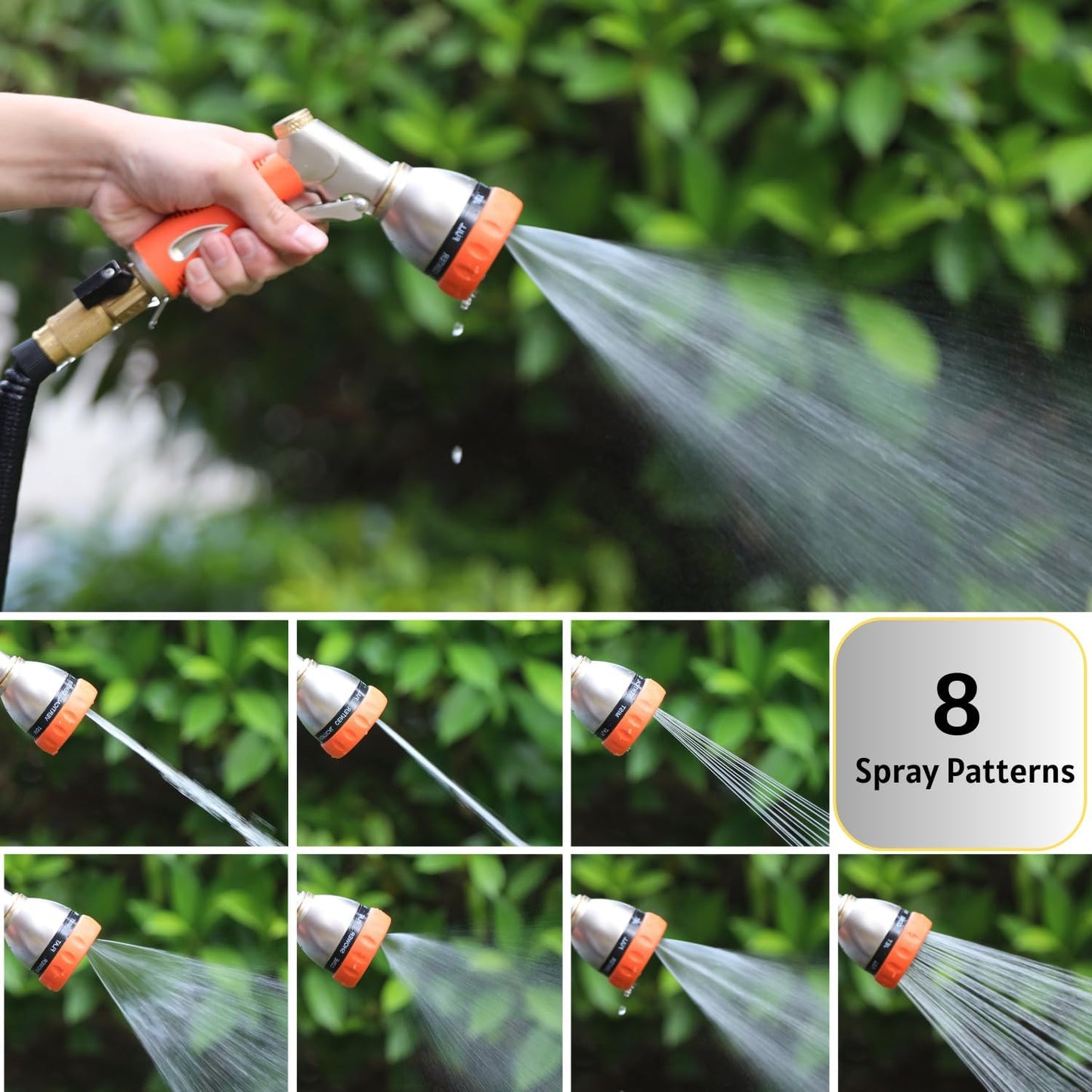HOSUN Garden Hose Nozzle Sprayer Heavy Duty, 100% Metal Water Hose Nozzle with 8 Spray Patterns, High Pressure Hose Spray Nozzle with Non-Slip Grip for Watering Plant & Lawn, Washing Car & Pet, Orange