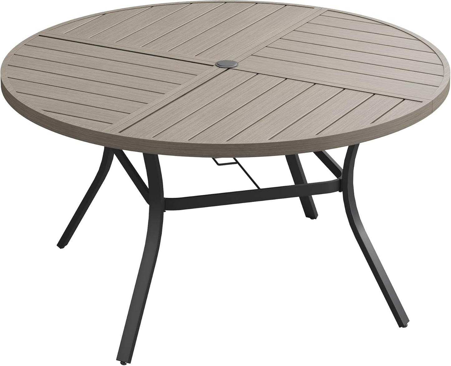 DIFY 53.1" Round Outdoor Patio Dining Table for 6-8, All-Weather Metal Steel Slatted Patio Table with 1.57" Adjustable Umbrella Hole, for Lawn Garden Porch Backyard, Grey Wood-Like
