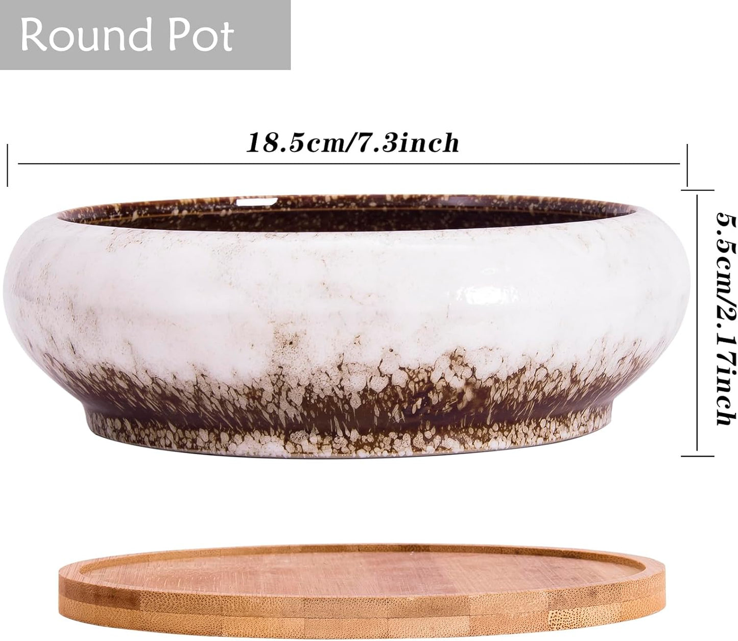 ARTKETTY Succulent Pots, 1 Rectangle Planter + 1 Ceramic Bonsai Pot with Drain Tray, 2 Pack Large Shallow Succulent Planters for Indoor Plants, Round Cactus Flower Plant Pot for Desk Windowsill Decor