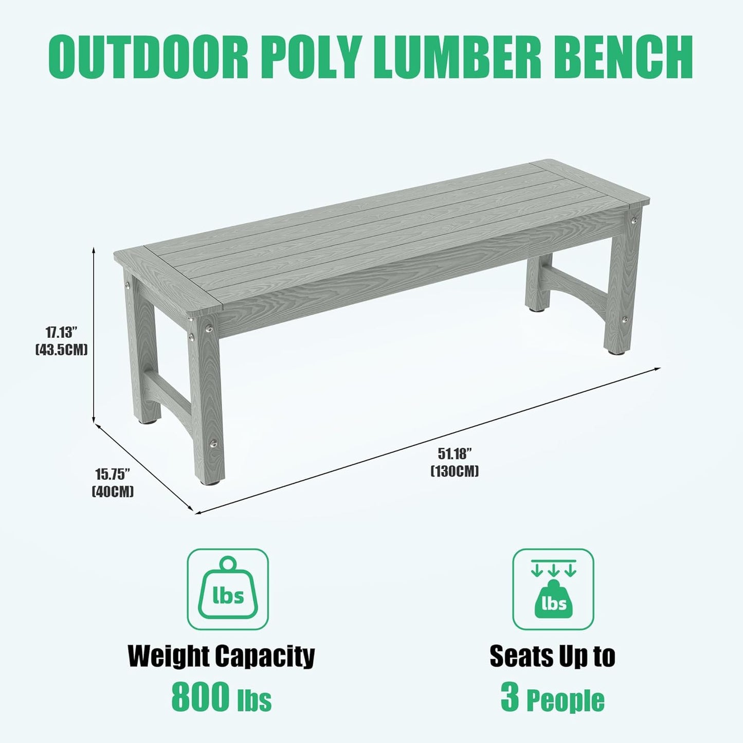51" HIPS Outdoor Bench Weatherproof,All-Weather 2-Person Patio Dining Bench Holds up to 800LBS,Poly Lumber Garden Bench,Never Rot or Fade, Park Bench with Wood Grains for Porch, Garden, Deck, Entryway