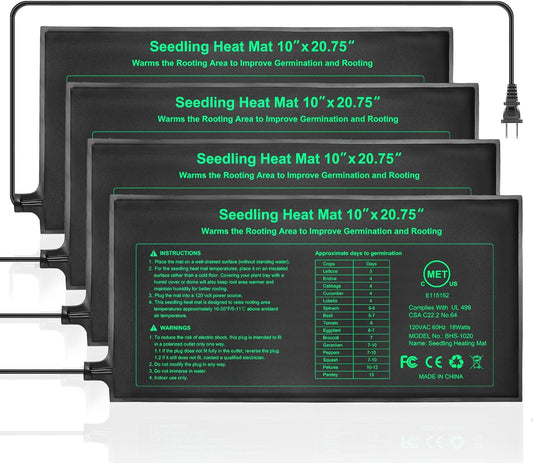 Bestio Seedling Heat Mat 4 Pack,Waterproof heating mat 10" x 20.75",MET Certified Heat Mats for Seed Starting,Germination Heat Mat for Hydroponic and Greenhouse