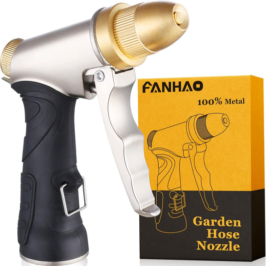 FANHAO Garden Hose Nozzle, 100% Heavy Duty Metal Spray Nozzle High Pressure Water Nozzle with 4 Patterns for Watering Garden, Washing Cars and Showering Pets - Full Brass Nozzle + ABS Non-Slip Grip