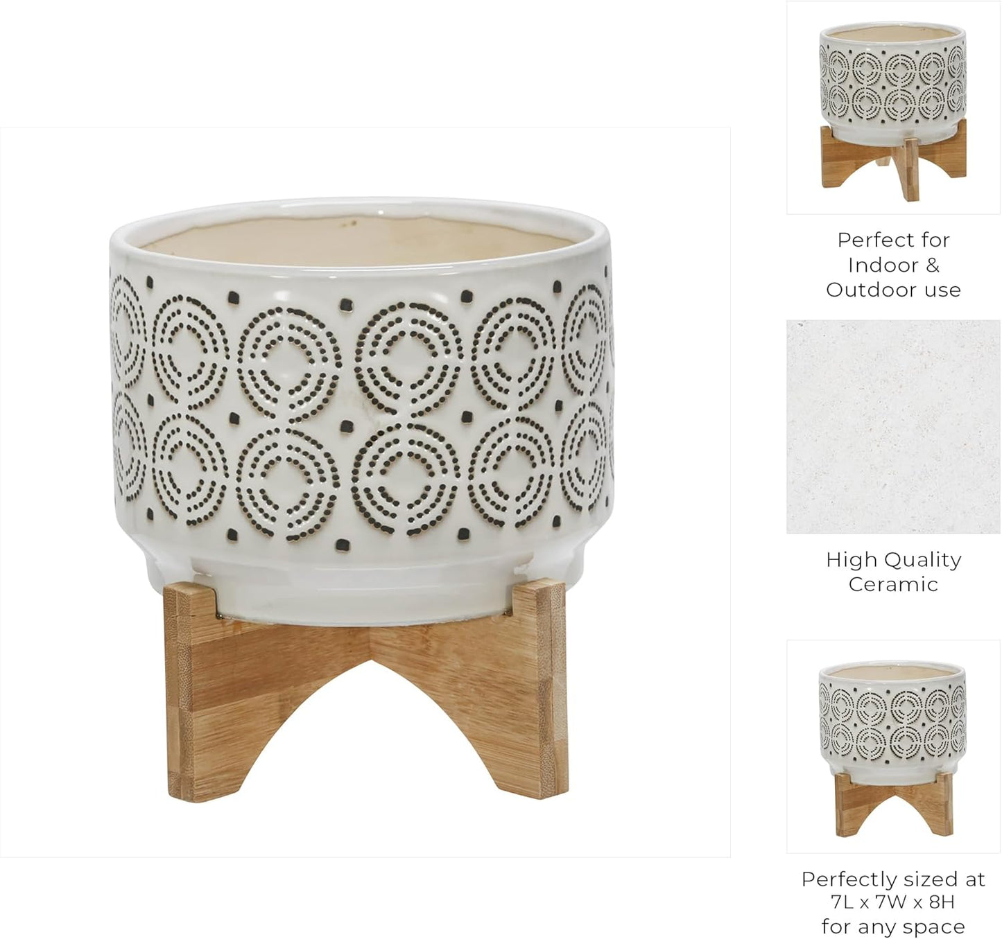 Sagebrook Home Ivory Ceramic Planter with Wooden Stand - Decorative Indoor/Outdoor Plant Pot - Modern Boho Home & Garden Decor - Stylish Round Flower Pot for Succulents & Herbs - 8", Ivory & Tan