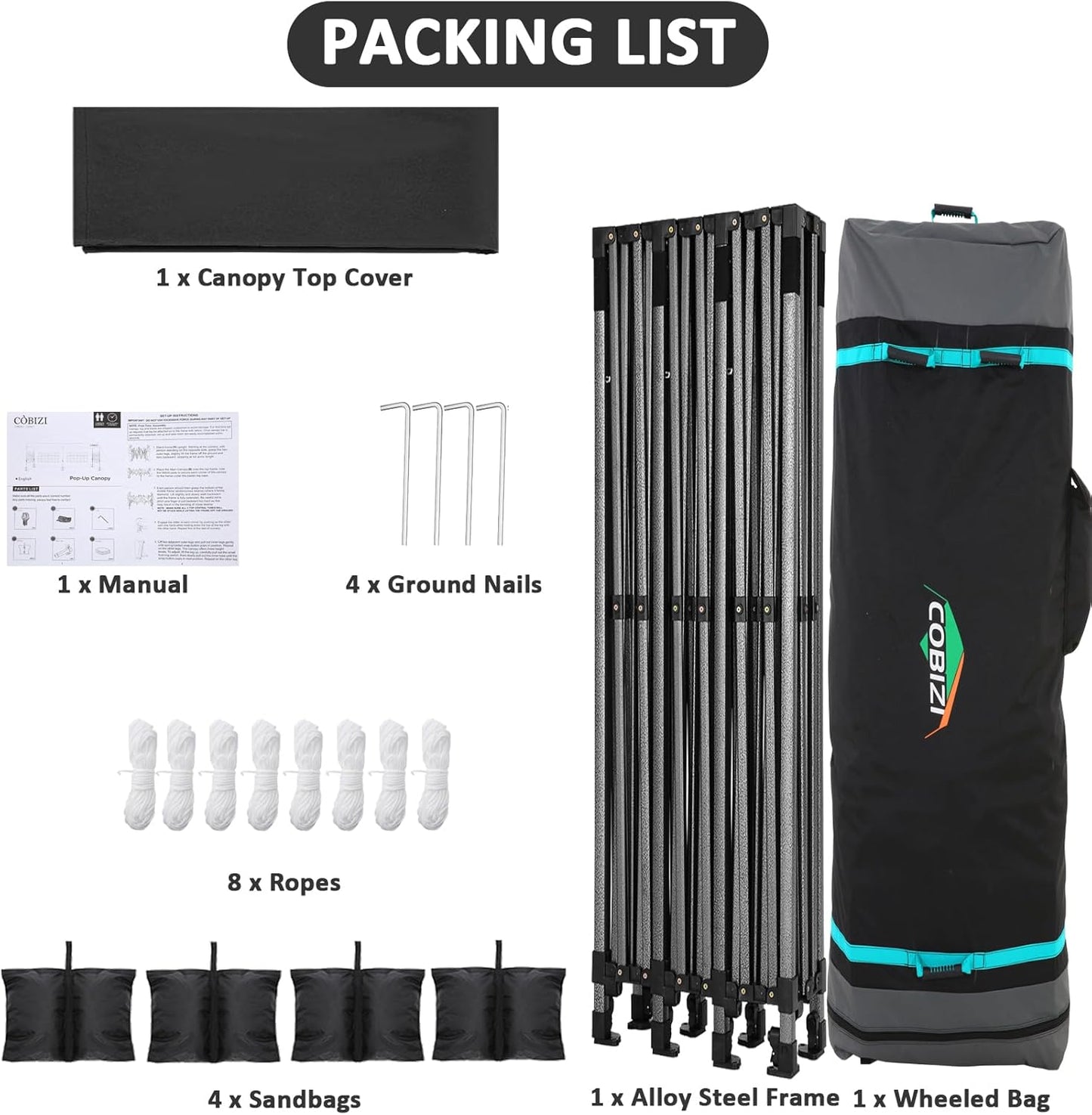 COBIZI 10x30 Pop Up Canopy Without Sidewall,Heavy Duty Canopy UPF 50+ All Season Wind Waterproof Commercial Outdoor Wedding Party Tents for Parties Gazebo with Roller Bag(10 x 30 ft Black)