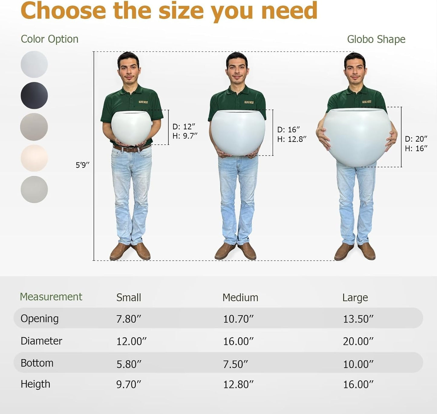 9.7" H x 12" D Globo Fiberstone Round Planter with Drainage Hole, Weather Resistant, Smooth Finish, Planters for Indoor Plants & Outdoor, 2 Extra Coco Mats (White, 7.8" Pot Opening)