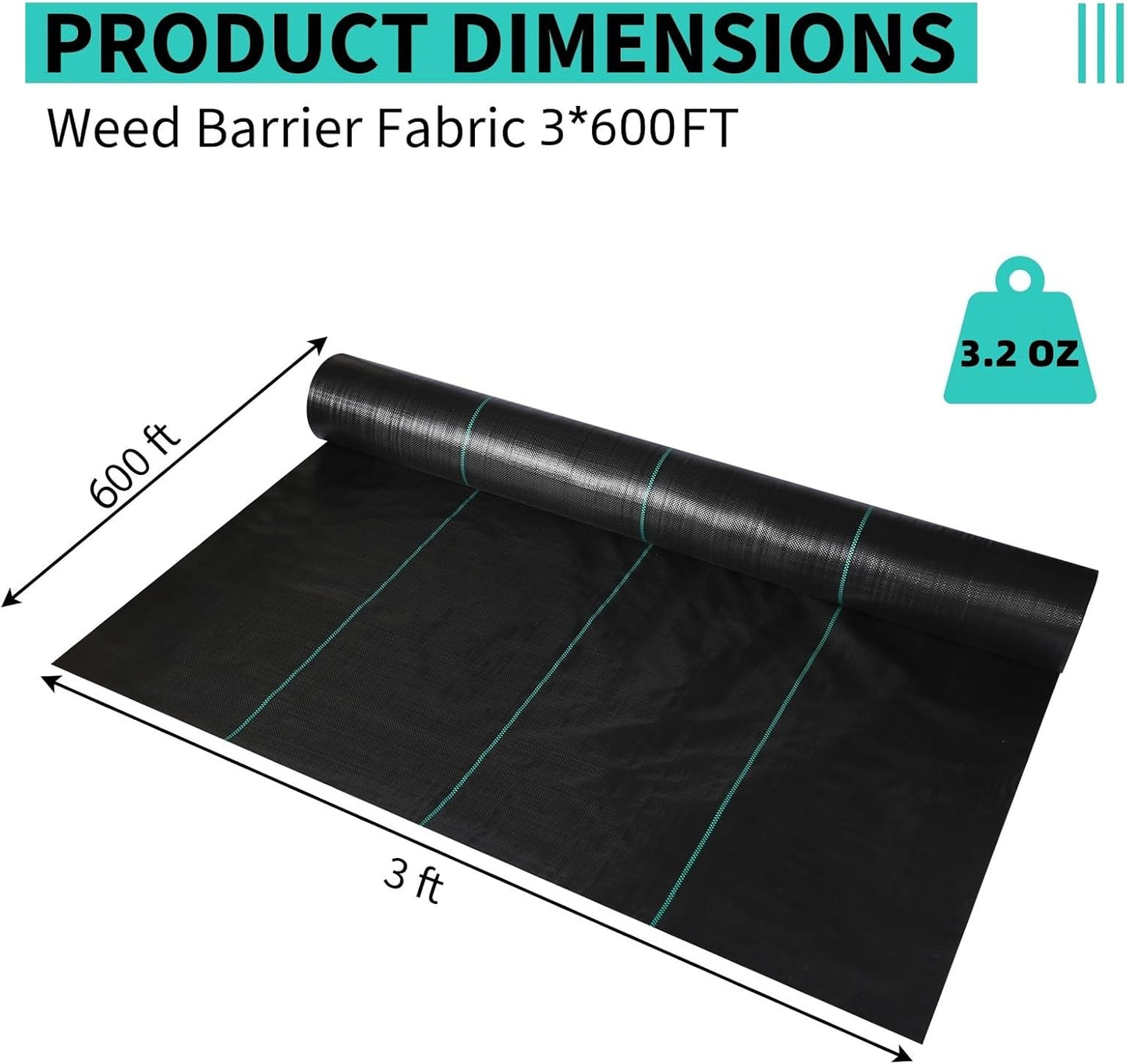 3ftx600ft Heavy Duty Weed Barrier Landscape Fabric – Durable Woven Driveway Garden Cloth for Weed Control, Ground Cover, Landscaping – Long-Lasting Geotextile Fabric – 3.2oz