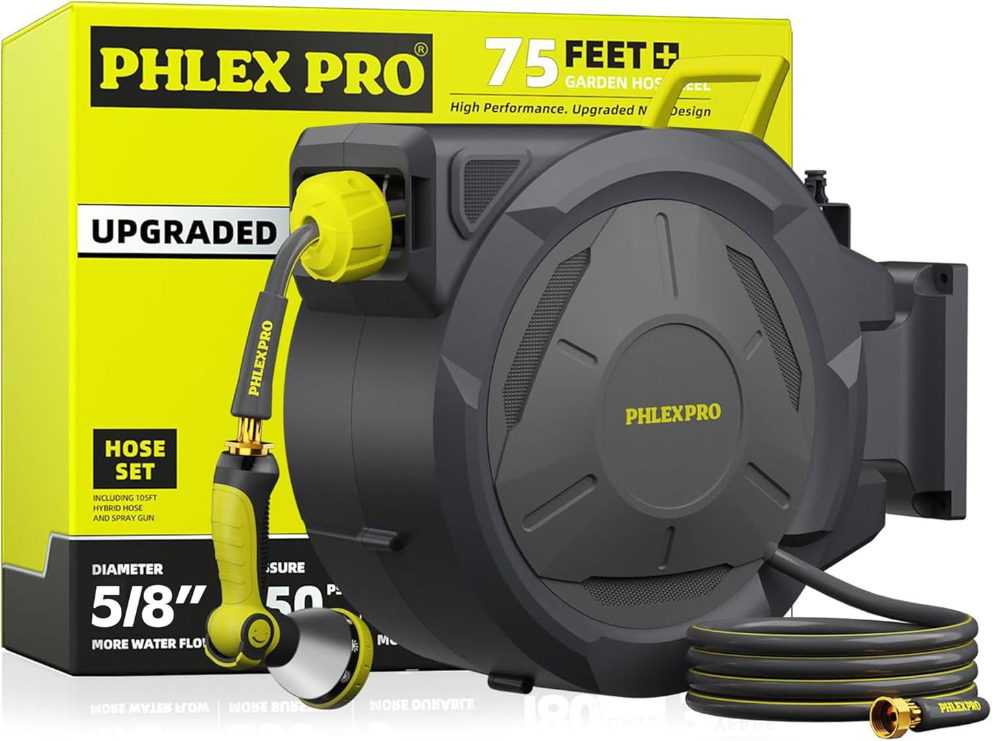 Retractable Garden Hose Reel 5/8 in x 75 ft Heavy Duty Automatic Water Hose Reel Wall Mounted with 10 Pattern Nozzle,Any Length Lock, Slow Return System, 180°Swivel Bracket