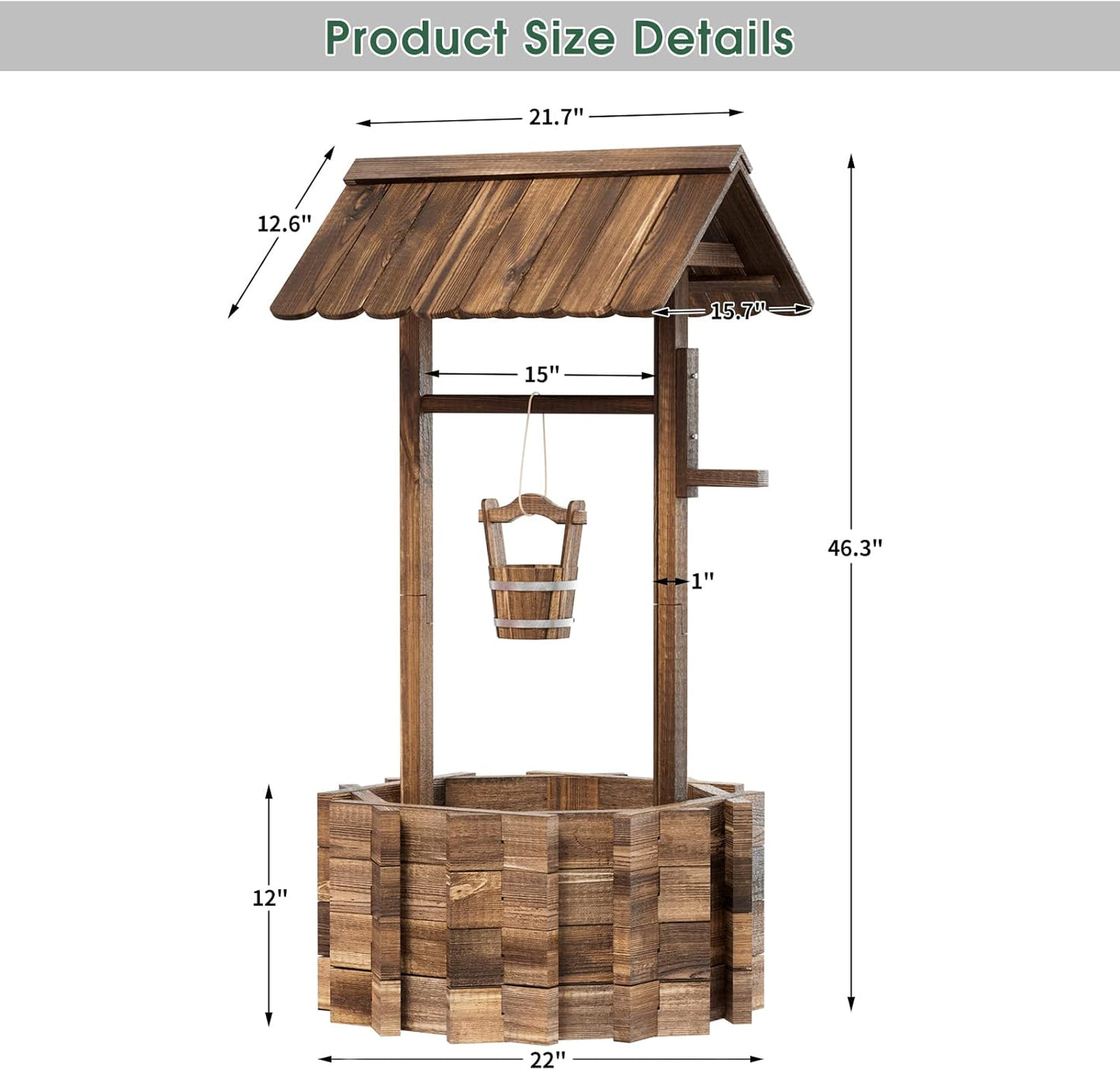 Wooden Wishing Well Planter for Outdoors with Hanging Bucket, Rustic Flower Planter Patio Garden Decorative, Brown