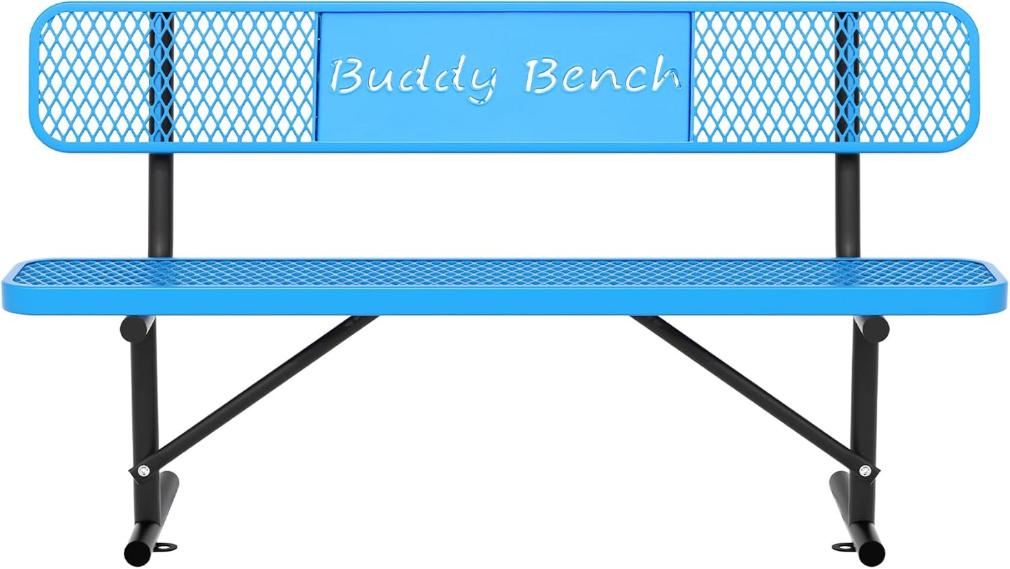 6 Feet Steel Park Bench for Outside, Outdoor Bench with Backrest & Portable Frame, Commercial Benches for Parks, School, Patio, Deck, Store,Blue