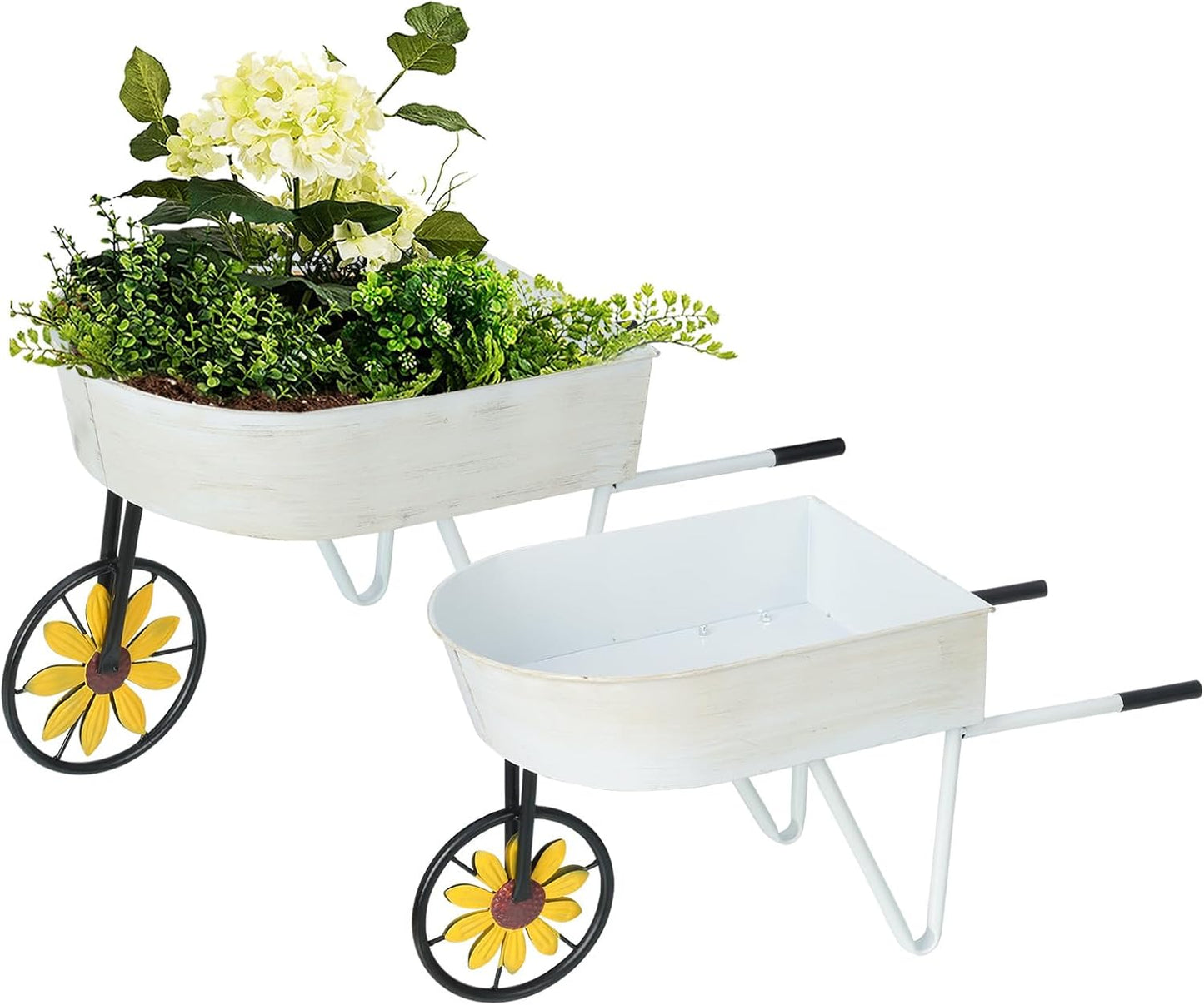 BAYN Metal Wheelbarrow Flower Cart Planter, 2 Packs Plant Stands with Triangular Support Handles Non-Rolling Wheel Vintage Wagon Planter Pots for Home Patio Garden Backyard Rustic Outdoor Decor