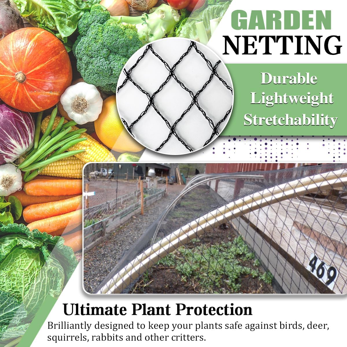 Bird Netting，15 x 30 FT Garden Netting Bird Net for Chicken Coop, Poultry Netting Fence for Fruit Trees, Plants and Vegetables Against Birds, Deer, Squirrels and Other Animals