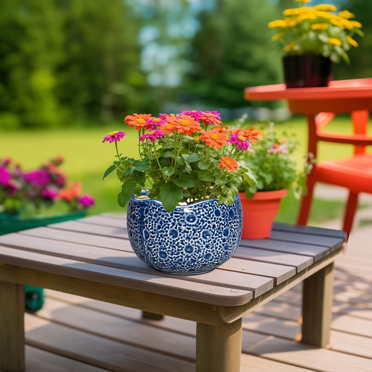 Ceramic Pots for Plants - 8 Inch Round Planter with Drainage Hole, Round Decorative Plant Pots for Indoor Outdoor, Modern Unique Flower Pot, House Living Room Decor, Home Gifts, Blue