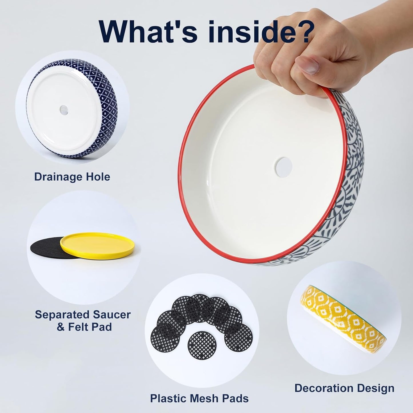 Selamica Ceramic Succulent Pots, 6 Inch Shallow Succulent Planters with Drainage Hole & Saucer, Indoor Plant Pots for Cactus, Herb, Home Decor, Set of 4, Assorted Colors