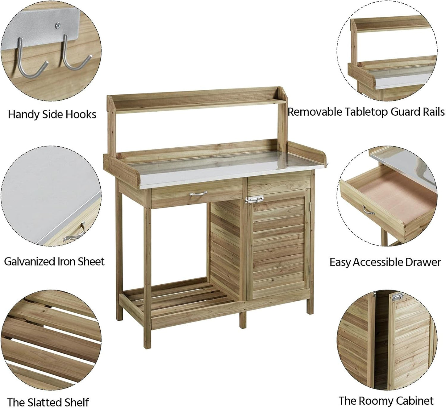 Yaheetech Outdoor Potting Bench Table, Garden Work Bench w/Metal Tabletop Work Station w/Cabinet Drawer, Open Top&Lower Shelf, Handy Hooks, ACQ Lumber Wood, Light Green