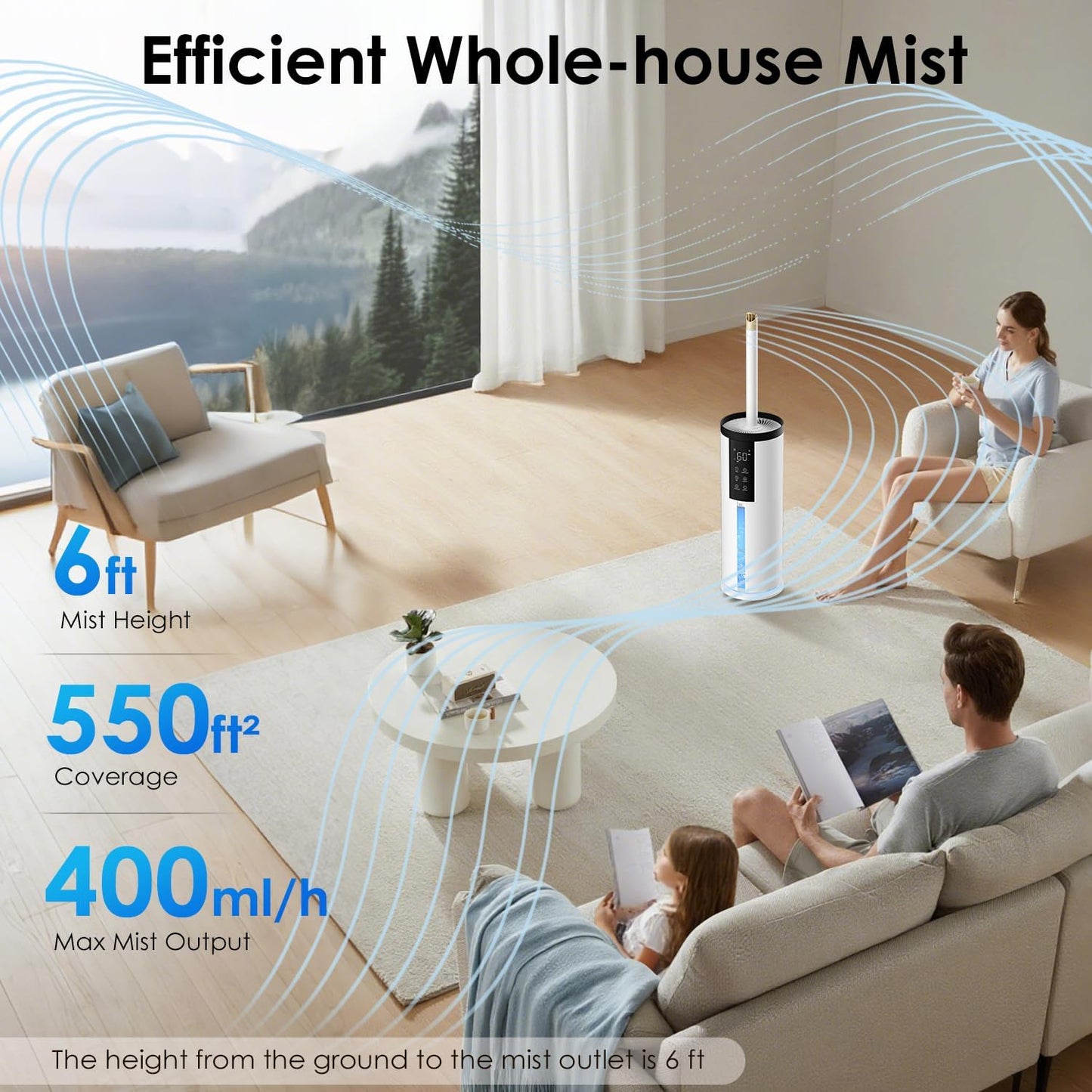 Humidifiers for Bedroom - GloryAir 2.11Gal (8L) Quiet Top Fill Cool Mist Humidifier Large Room 550 ft² 120H Runtime with Humidistat, Auto Mode Diffuser 7-Color Light for Plants Baby Adults Office Home
