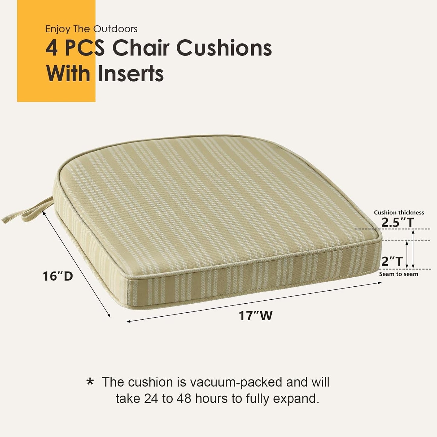 Outdoor Round Corner Seat Cushion, 17"x16"x2", Set of 4, Non Slip Seat Cushion Pads with Removable Cover for Patio Furniture, Garden Yard Lawn, Beige Brown Stripe