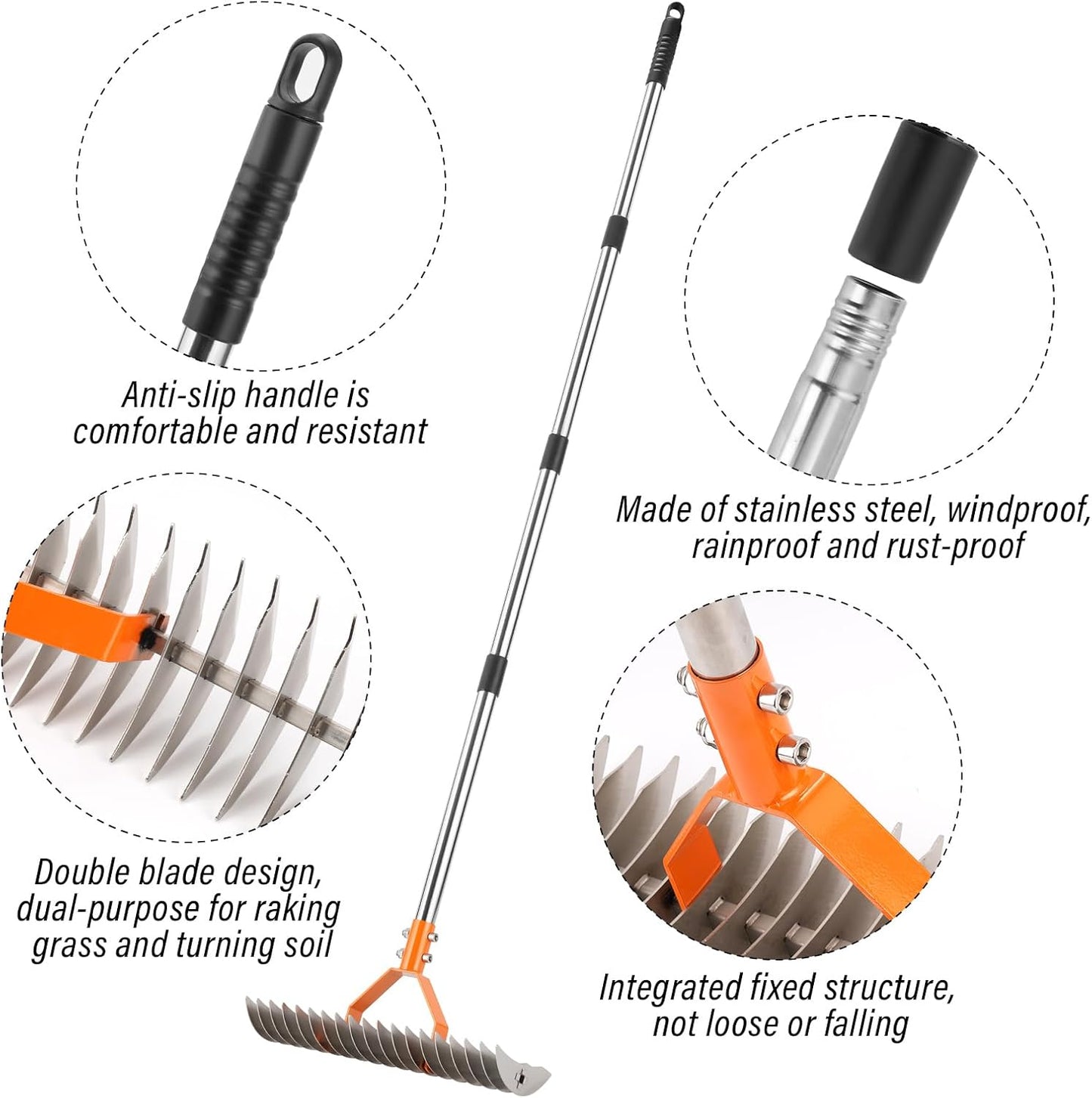 62" Adjustable Thatch Rake - 19-Tine Lawn Dethatcher with Nickel Steel Tines, Heavy Duty Ergonomic Handle for Spring Lawn Care, Soil Aeration & Yard Cleanup&Turf Renovation (Silver)