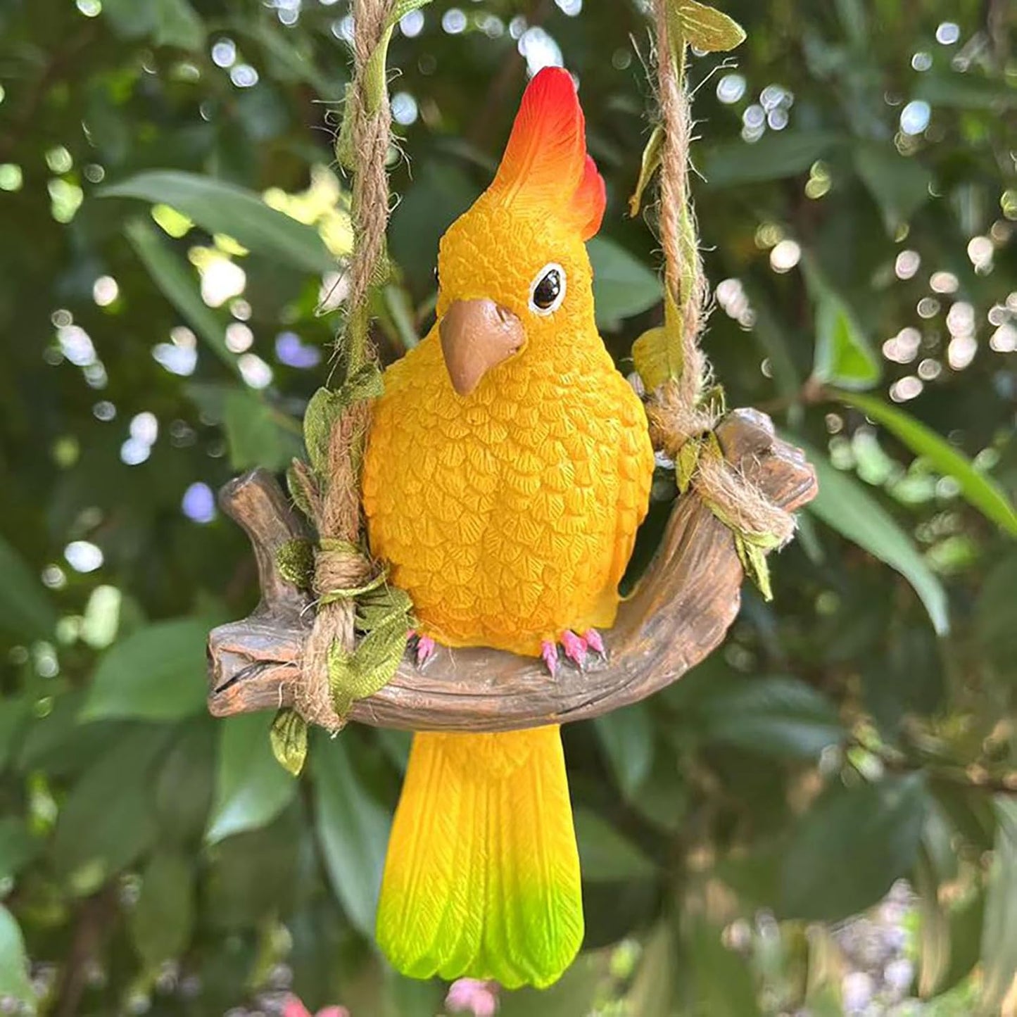Resin Parrot Hanging Garden Decor Swing Figurine Ornaments, Outdoor Hanging Bird Sculpture Decor Perfect for Patio, Lawn, Gardens, Balconies, Indoor and Outdoor Spaces Yellow & Green Tail