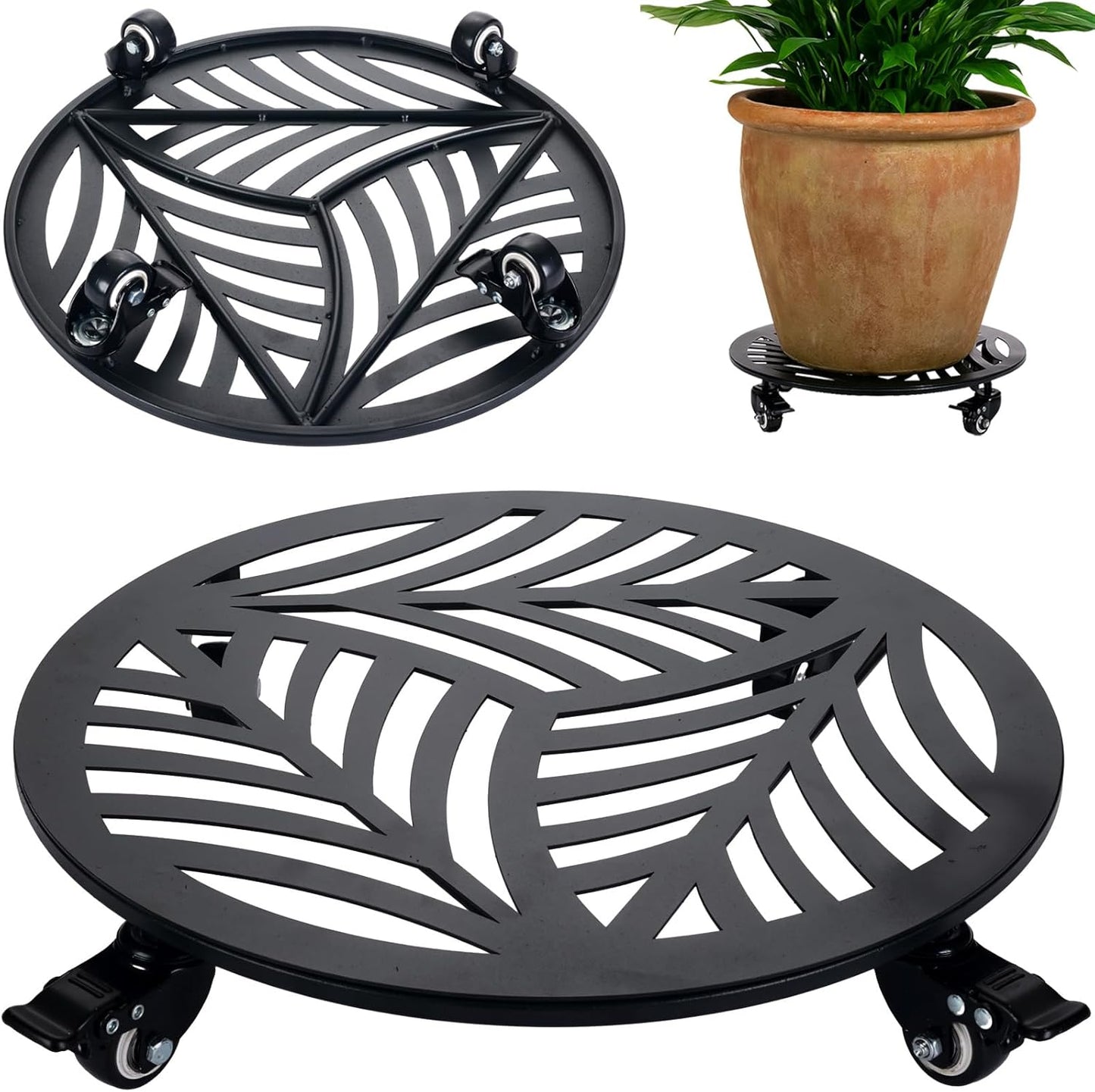 1 Pack 16 inches Extra-large Metal Plant Caddy with Wheels Heavy-duty Iron Rolling Plant Stand with Casters Indoor Outdoor Wheeled Plant Roller Base Pot Movers Plant Dolly Coaster Trolley Black
