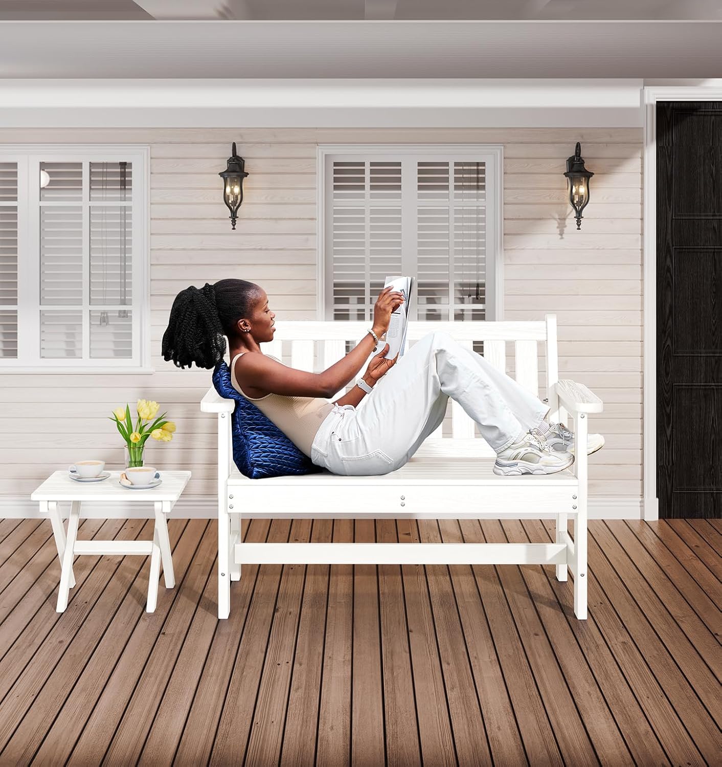 SERWALL Outdoor Bench, HDPE Outdoor Benches Weatherproof, 2-Person Garden Bench with 660 lbs Weight Capacity, Patio Benches for Outdoors, Garden, Porch, Backyard and Park, White, 4 Pack