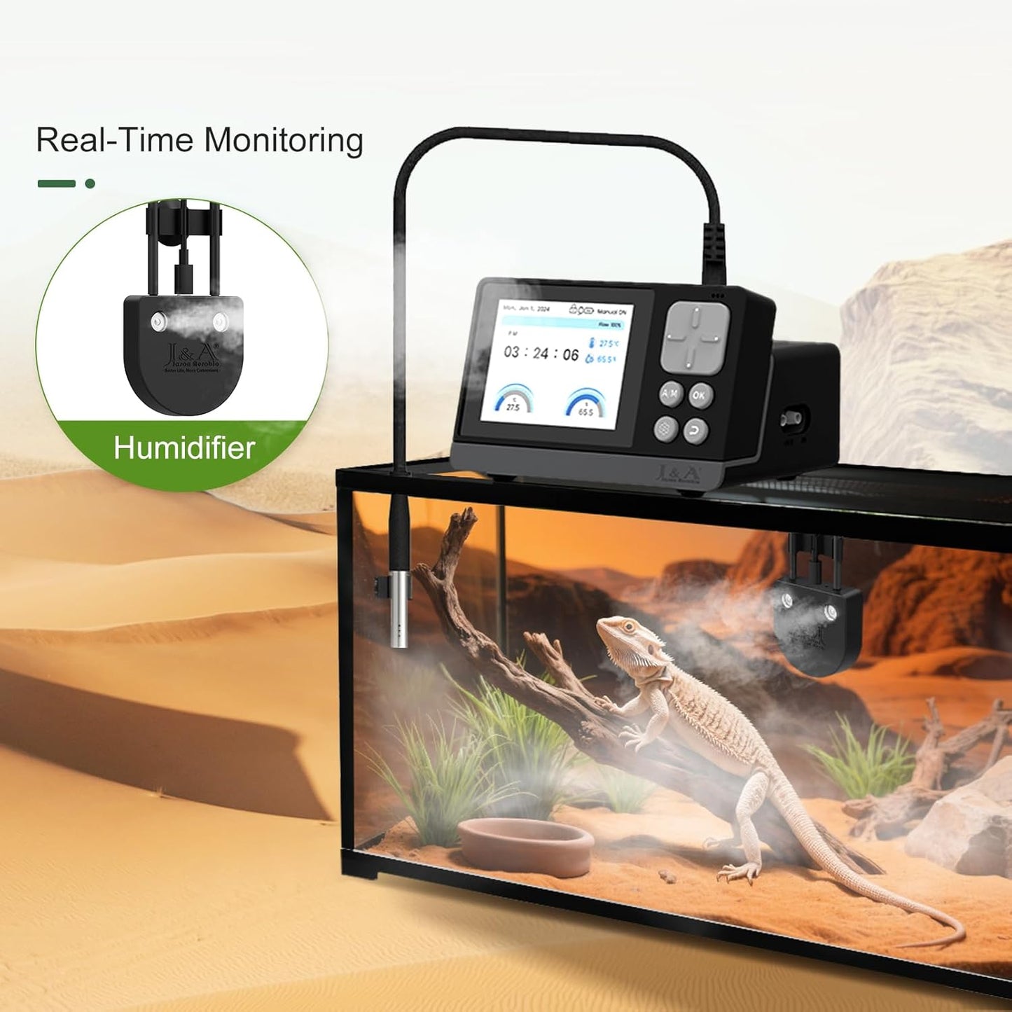 J&A Automatic Fogger for Reptile Tank, Mister for Terrariums, Humidifer with Programable Timer, Temp-Hygrometer Sensor, Ideal for Amphibians/Reptiles/Paludarium/Vivarium (Black)